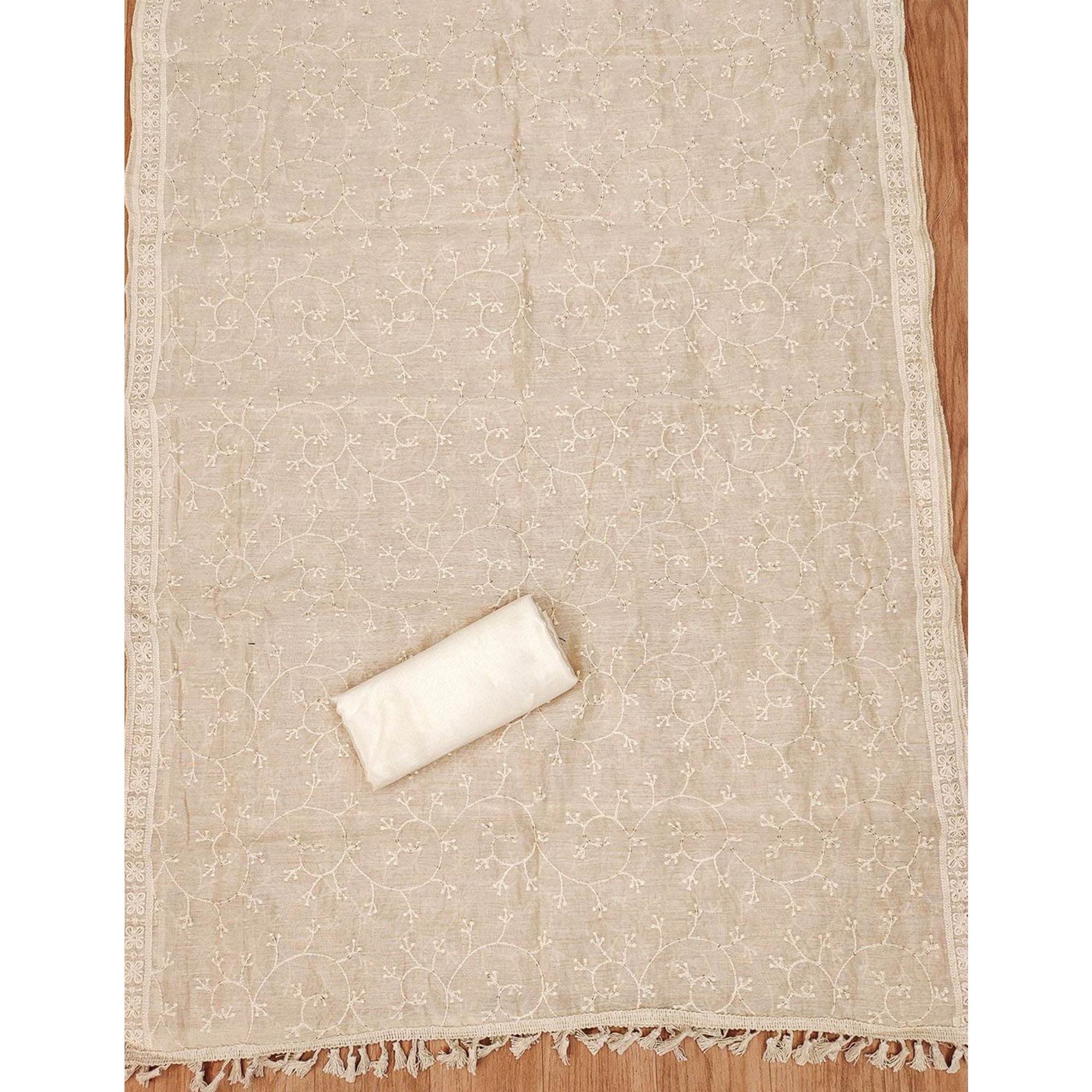 Elegant Cream Lucknowi Embroidery on Chanderi Silk Unstitched Suit Material