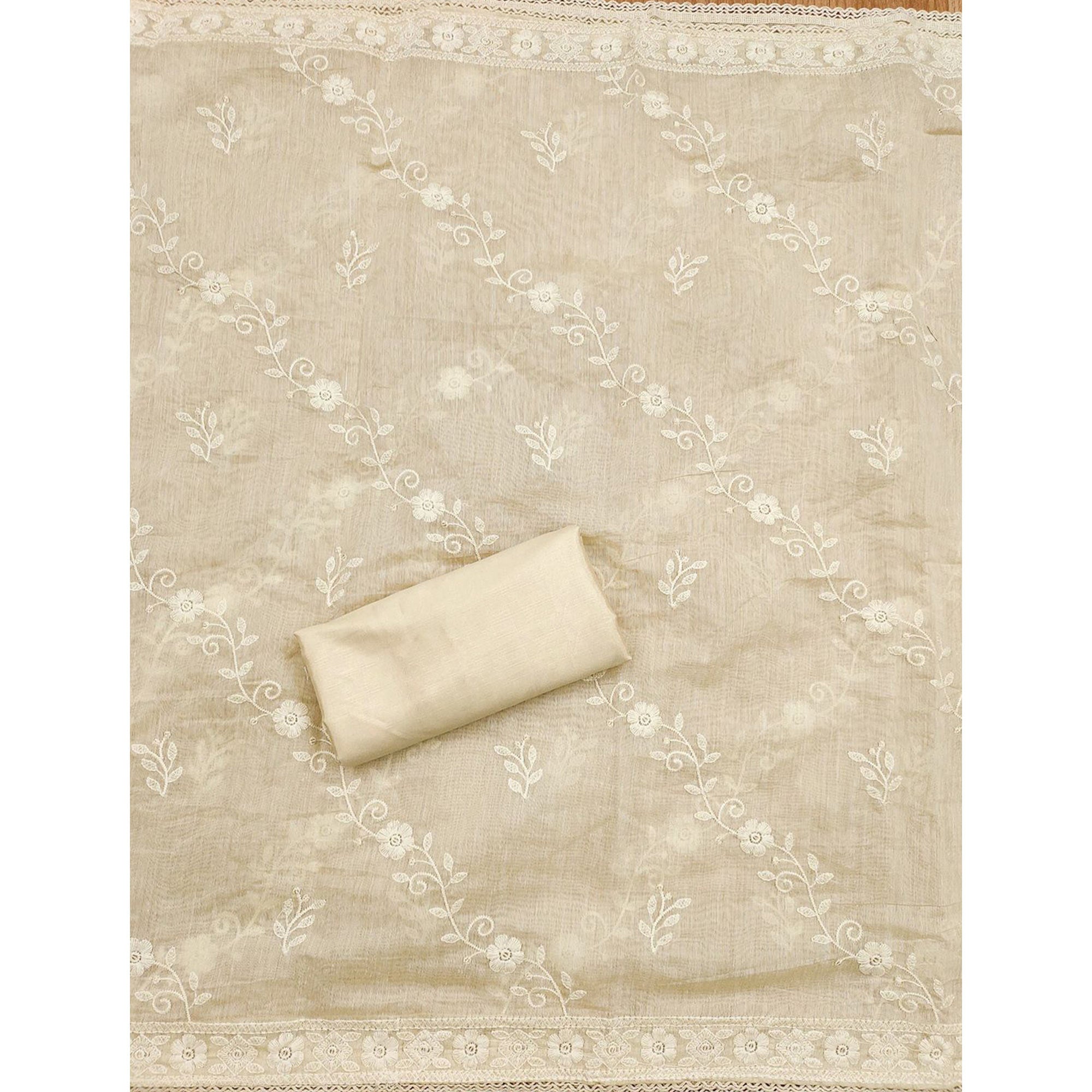 Sophisticated Cream Chanderi Silk Dress Material Highlighted with Classic Lucknowi Work