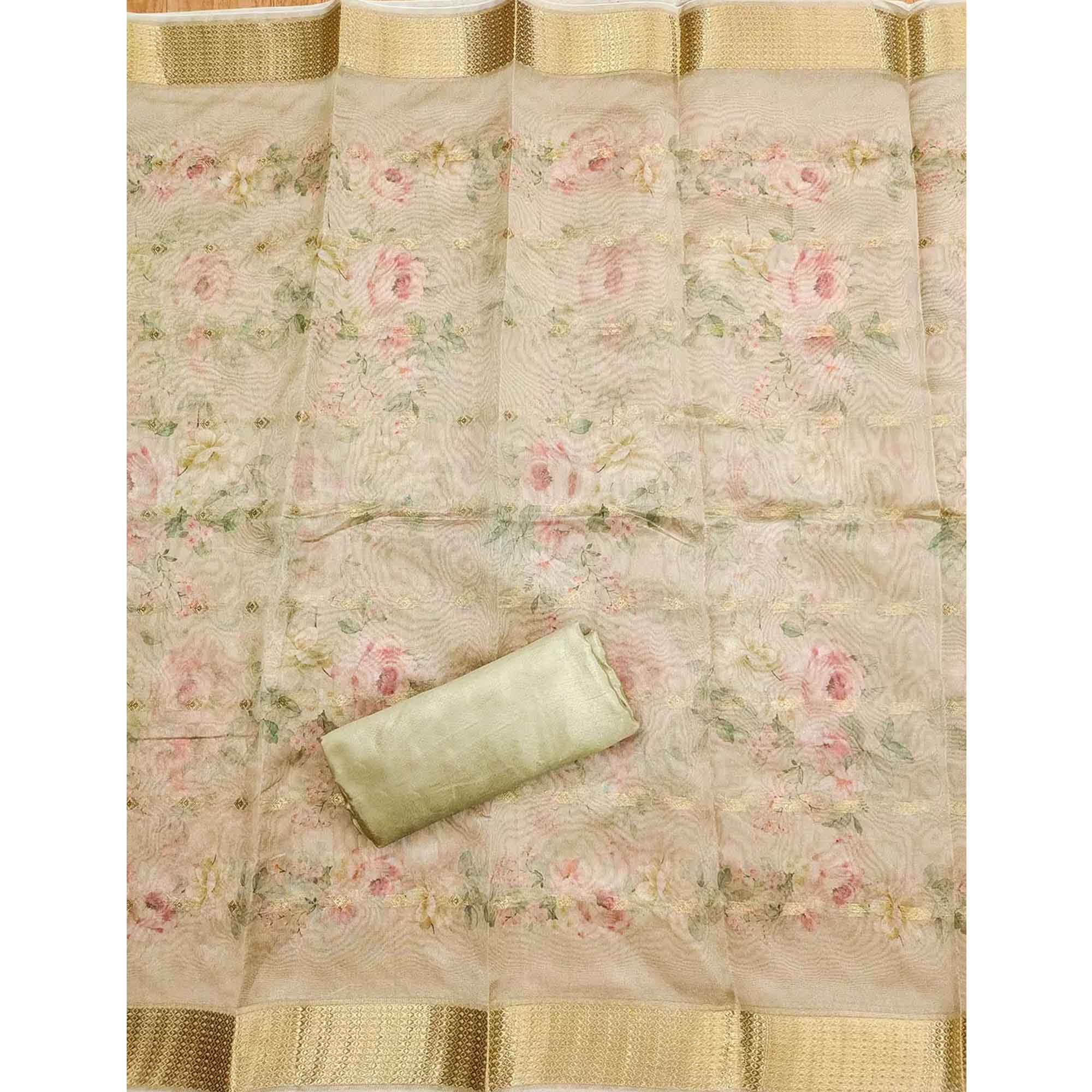 Charming Chikoo Floral Digital Printed Chanderi Silk Dress Material Adorned With Moti Khatli Work