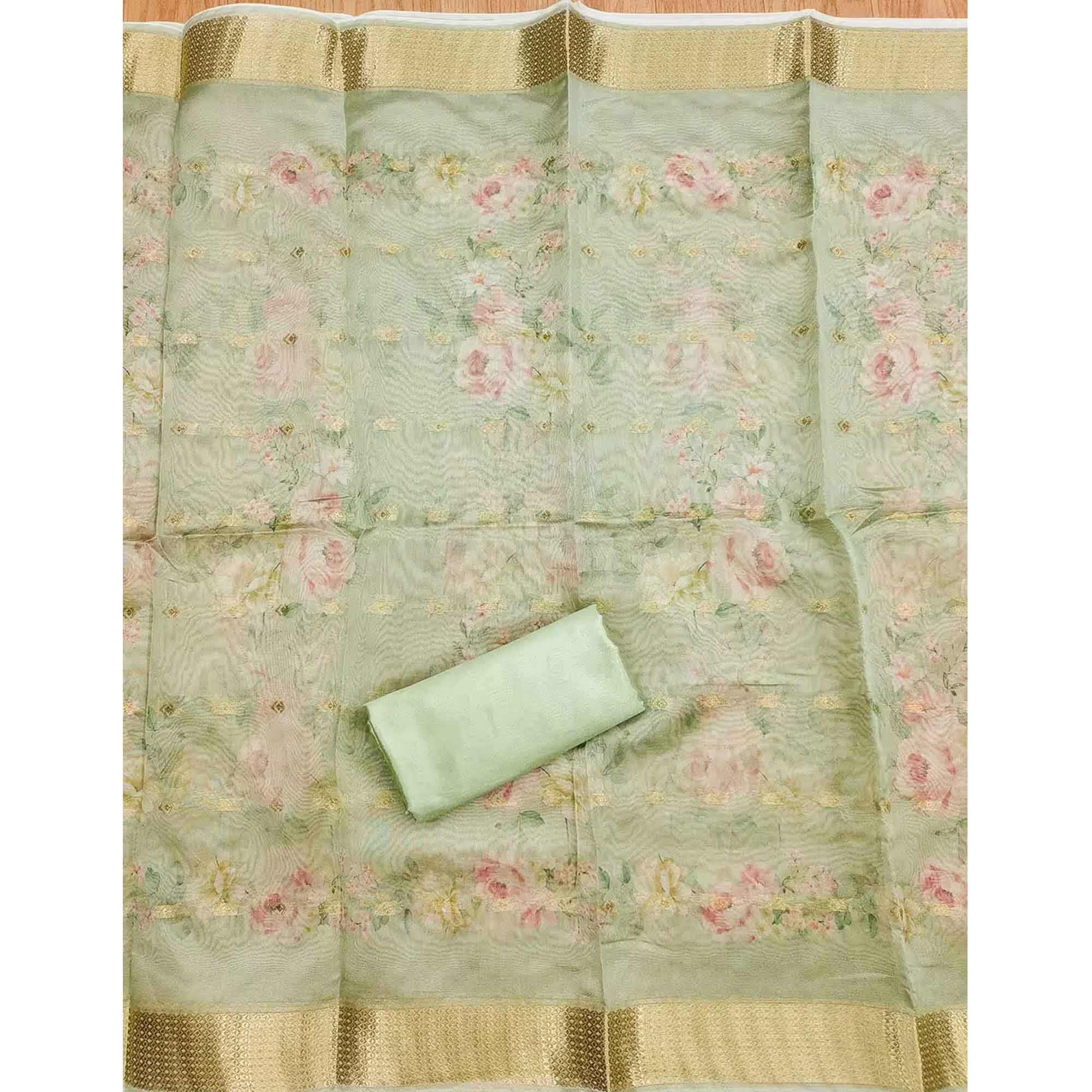 Charming Green Floral Digital Printed Chanderi Silk Dress Material Adorned With Moti Khatli Work