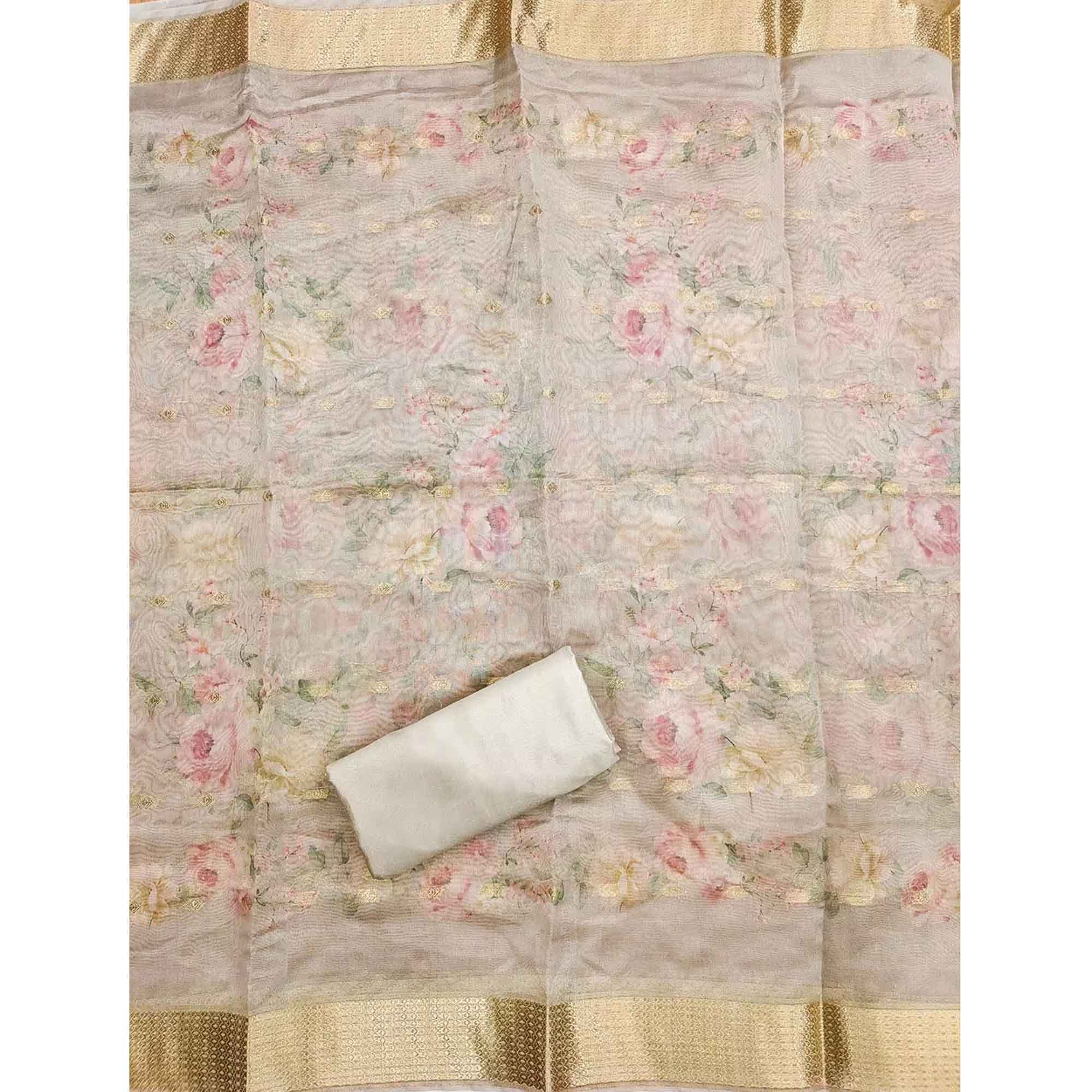 Charming Grey Floral Digital Printed Chanderi Silk Dress Material Adorned With Moti Khatli Work