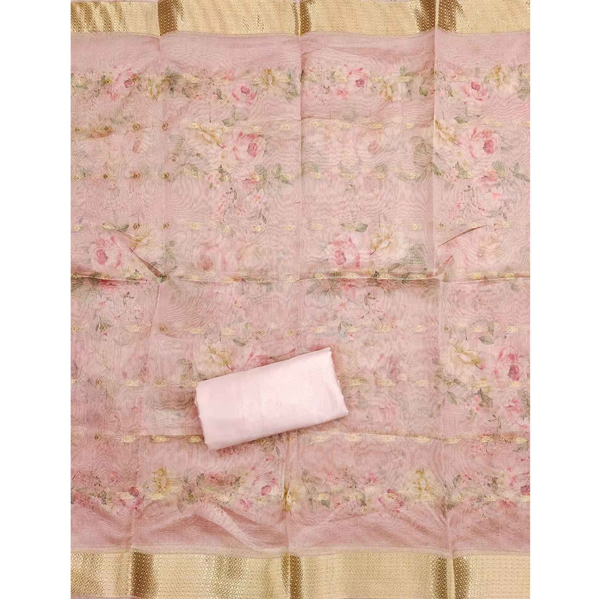 Charming Pink Floral Digital Printed Chanderi Silk Dress Material Adorned With Moti Khatli Work