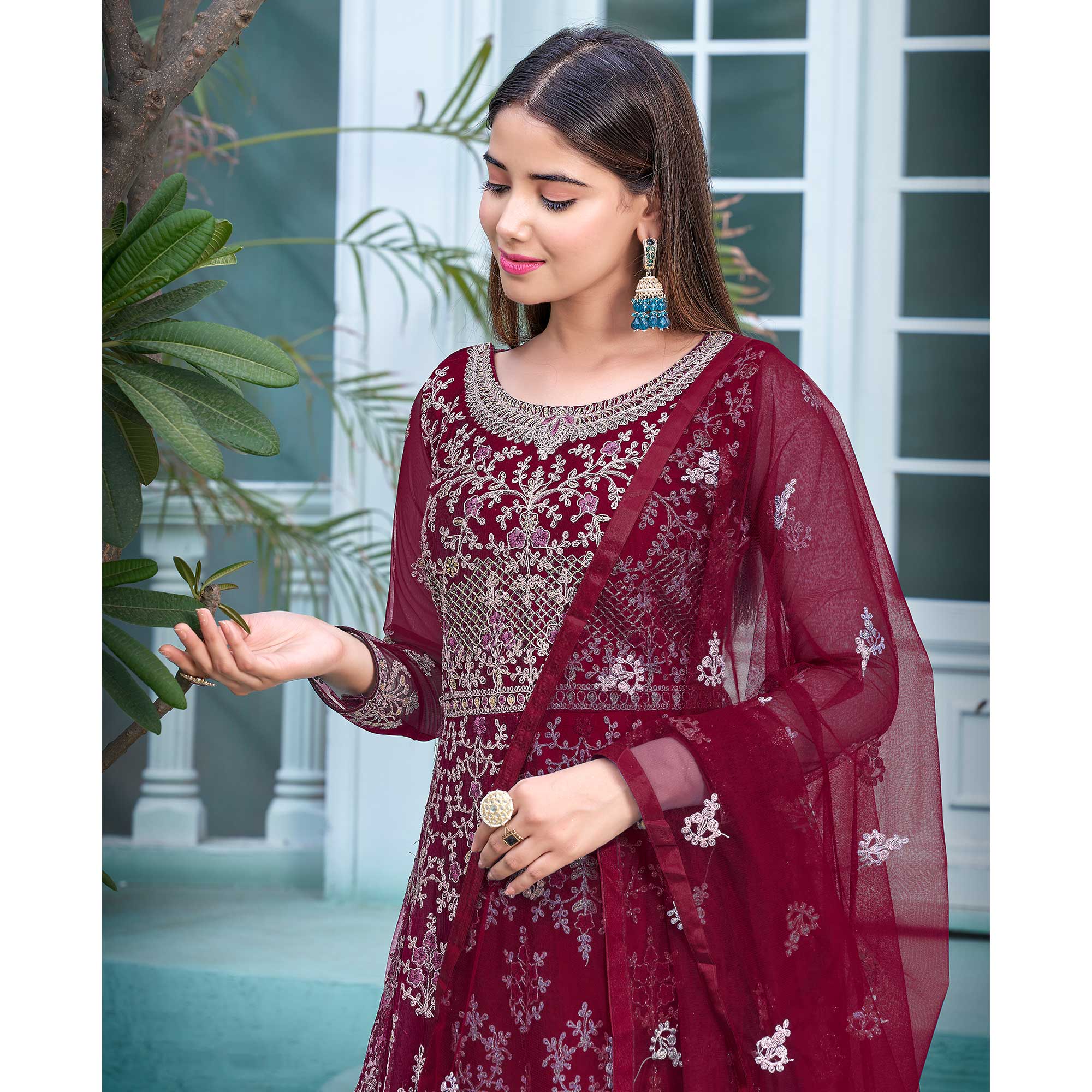 Maroon Floral Embroidered Net Semi Stitched Anarkali Suit
