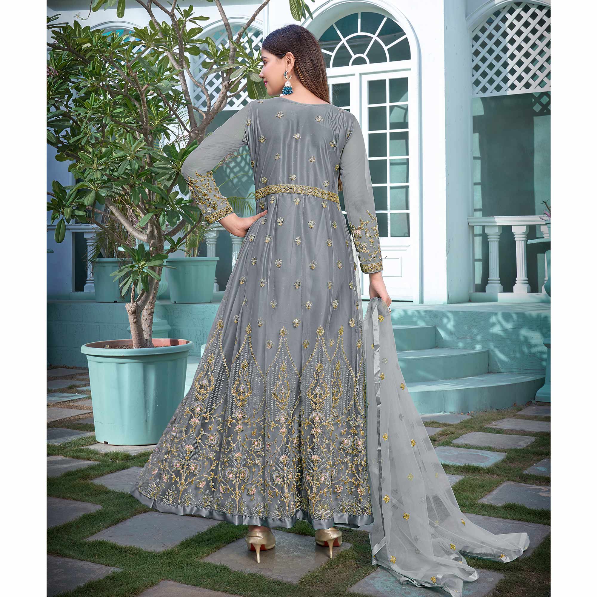 Grey Floral Sequins Embroidered Net Semi Stitched Anarkali Suit