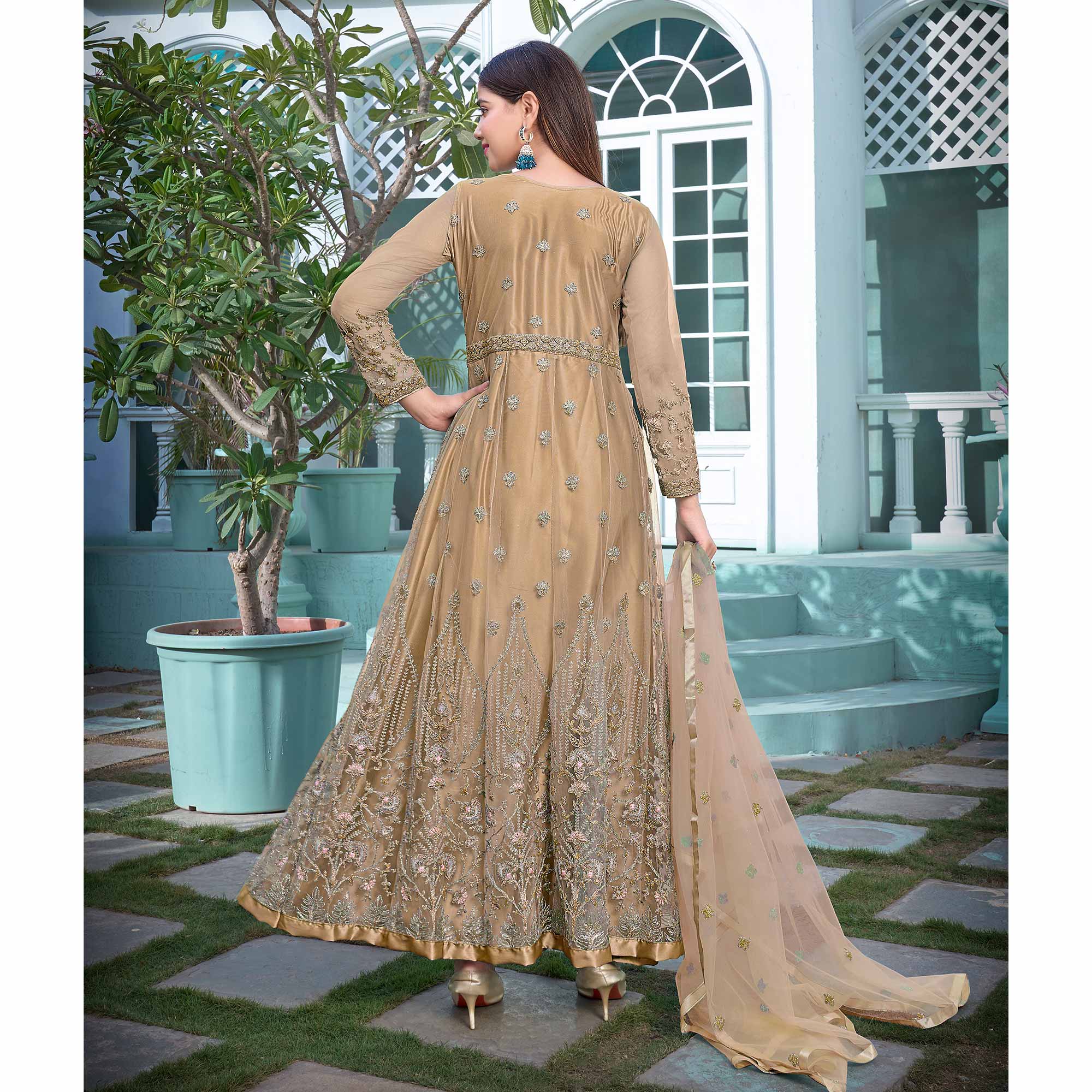 Chikoo Floral Sequins Embroidered Net Semi Stitched Anarkali Suit