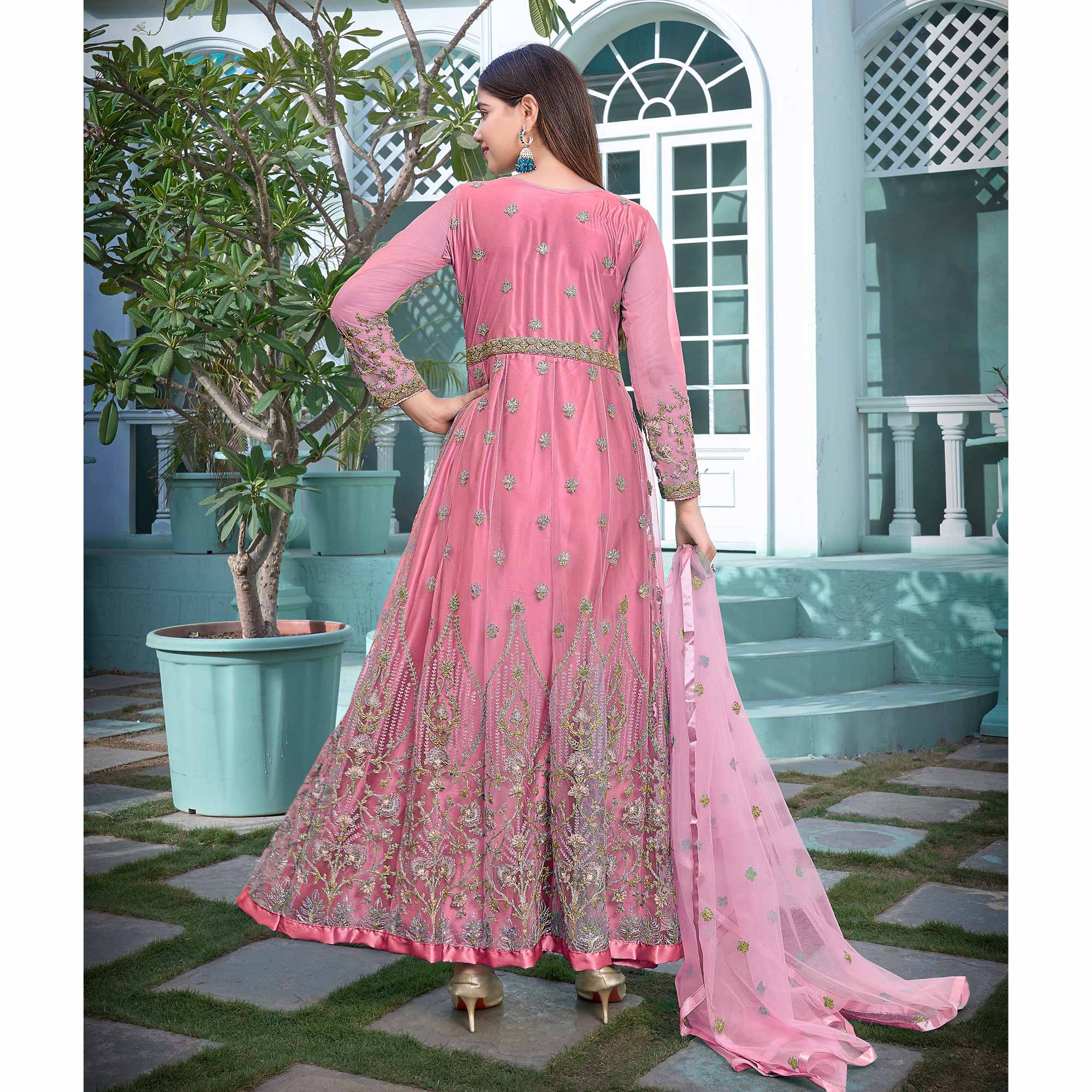 Pink Floral Sequins Embroidered Net Semi Stitched Anarkali Suit