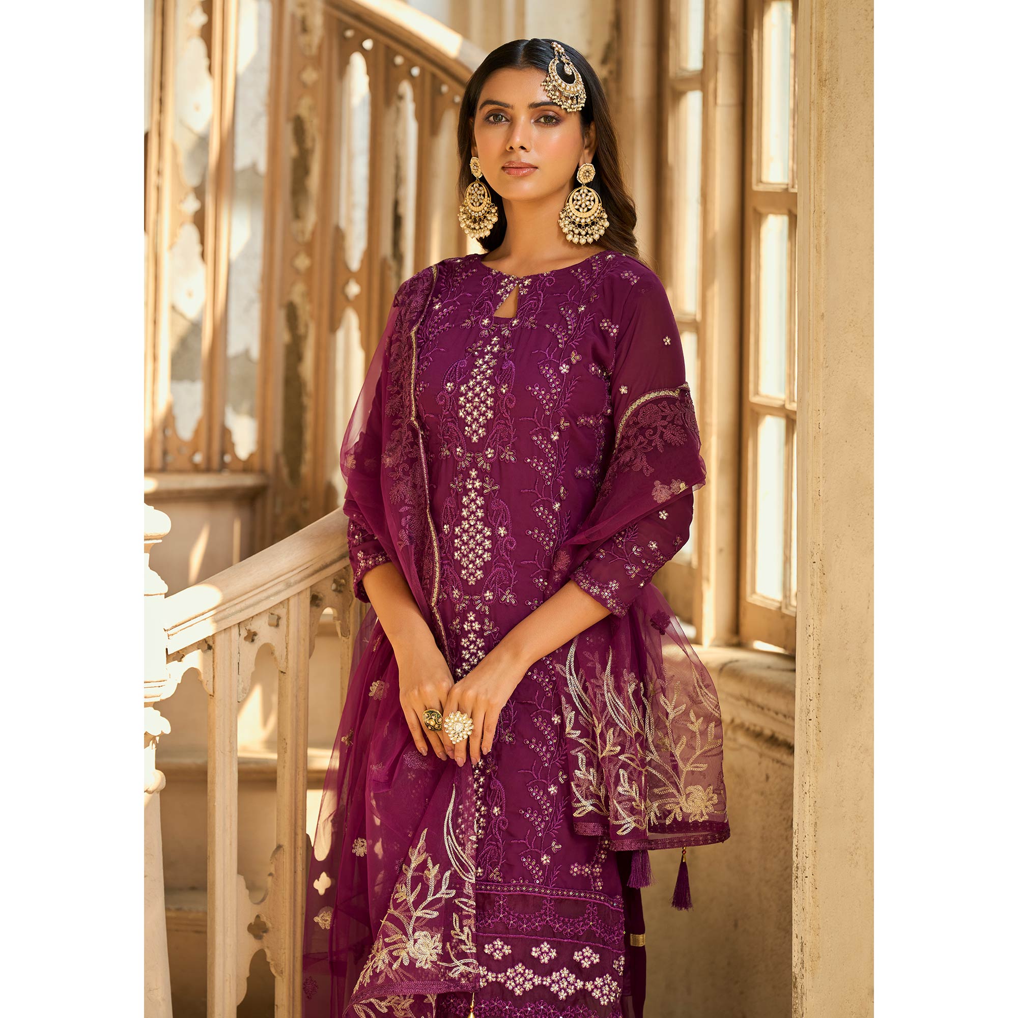 Purple Sequins Embroidered Georgette Semi Stitched Suit