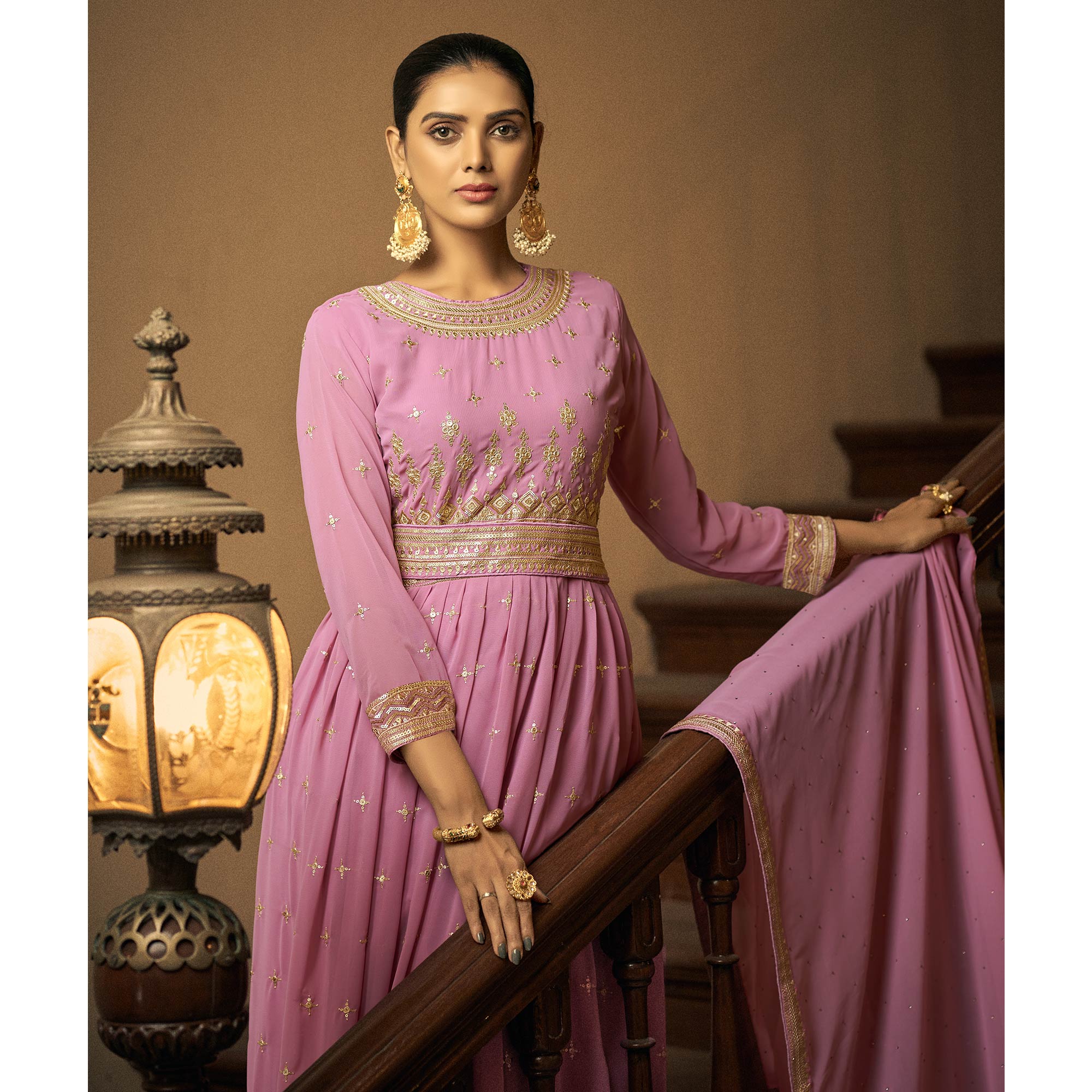 Pink Sequins Embroidered Georgette Semi Stitched Anarkali Suit