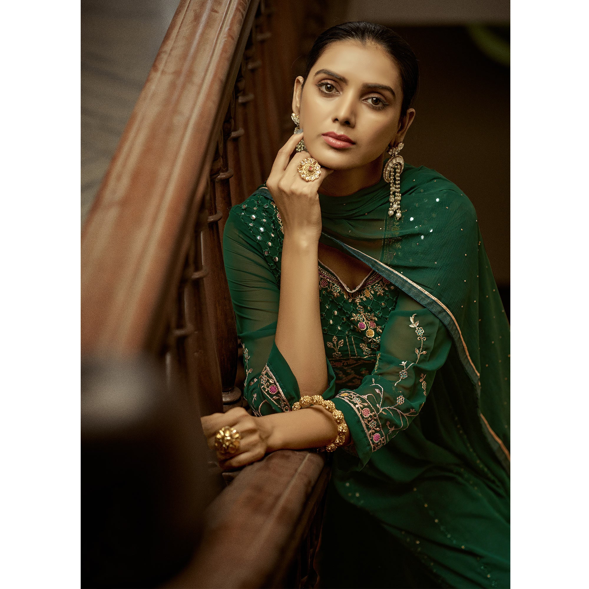 Green Floral Sequins Embroidered Georgette Semi Stitched Anarkali Suit