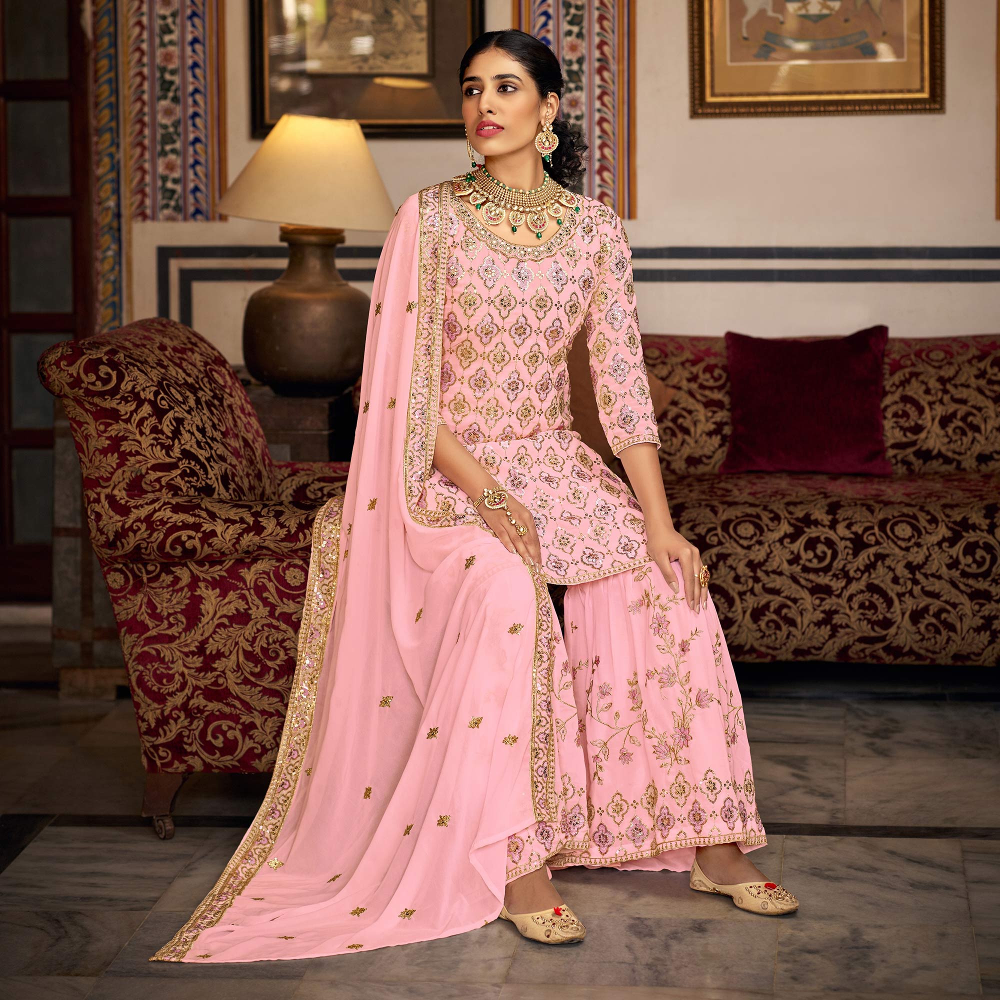 Pink Sequins Embroidered Georgette Semi Stitched Suit