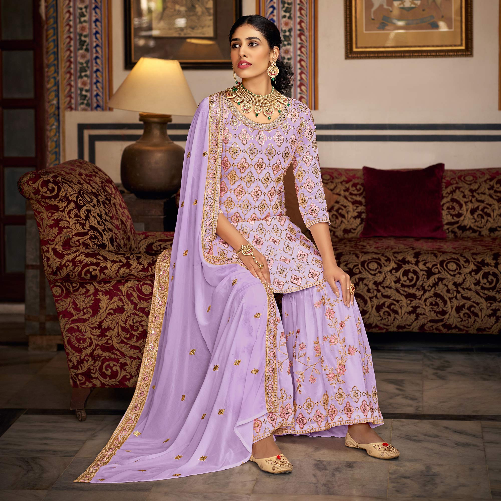 Light Purple Sequins Embroidered Georgette Semi Stitched Suit