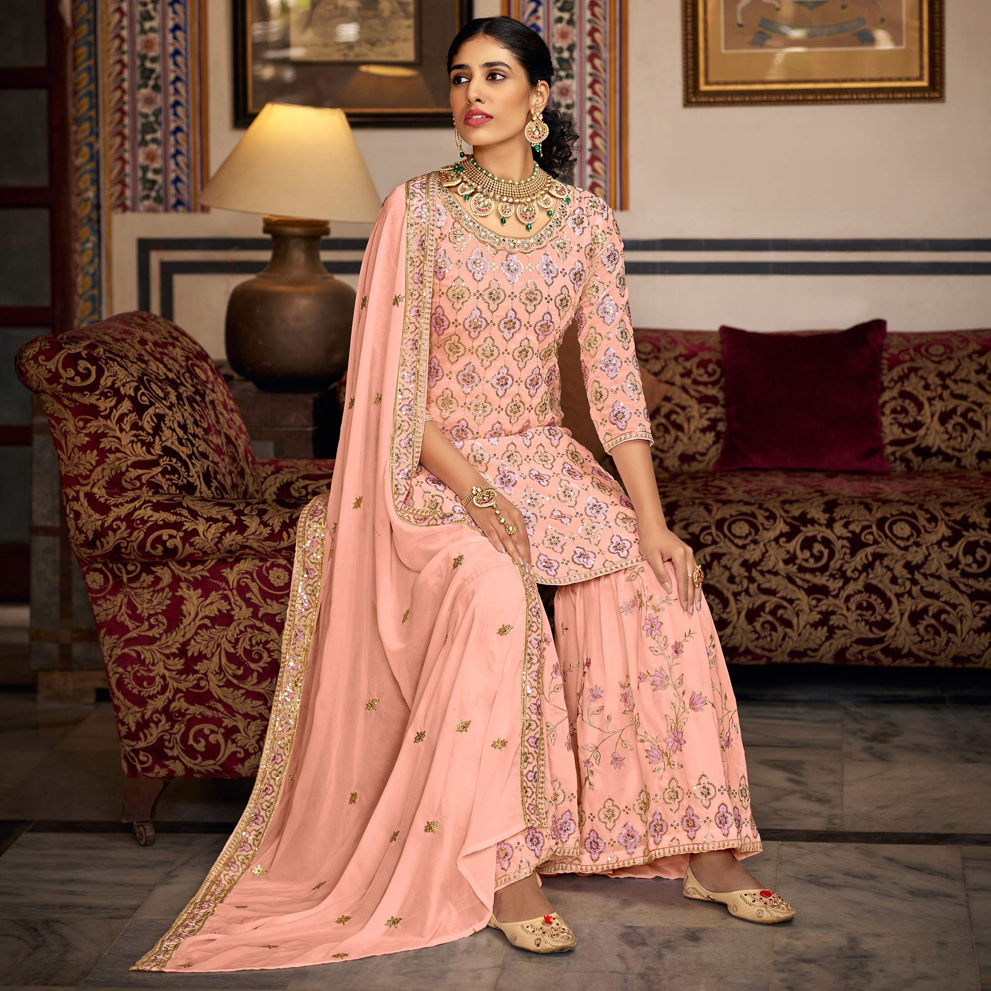 Peach Sequins Embroidered Georgette Semi Stitched Suit