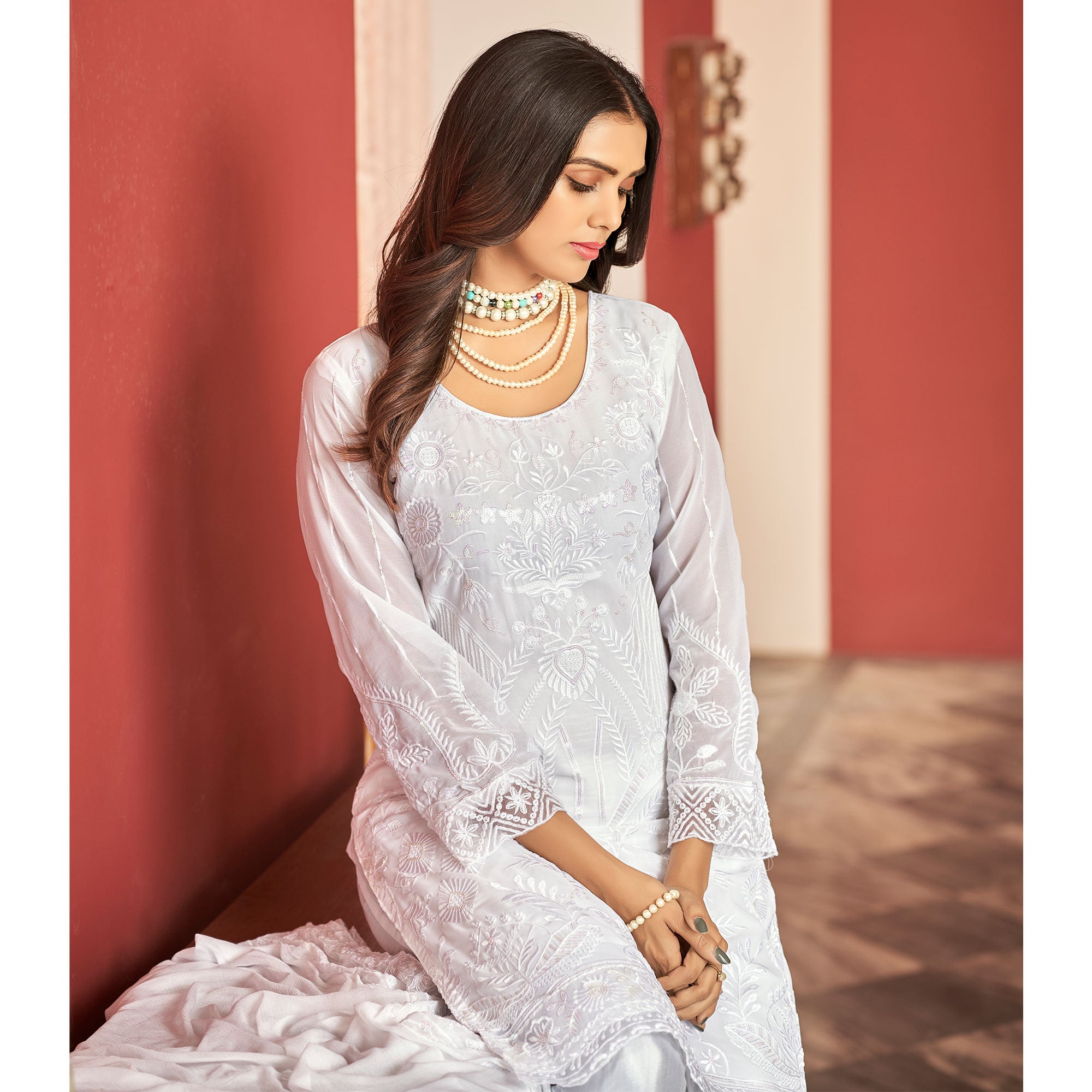 White Floral Sequins Embroidered Georgette Semi Stitched Pakistani Suit