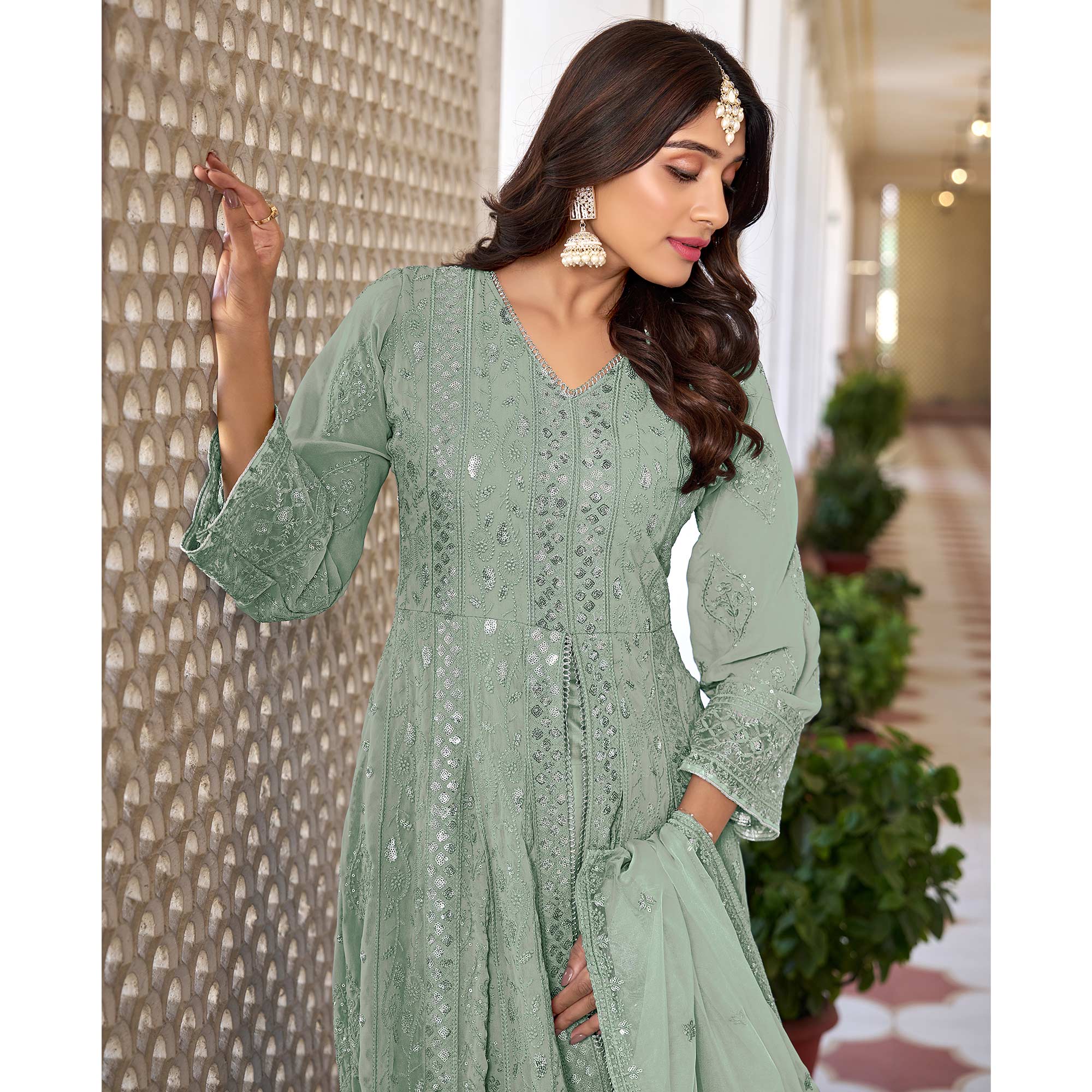 Mint Green Floral Sequins Embroidered Georgette Semi Stiched Suit