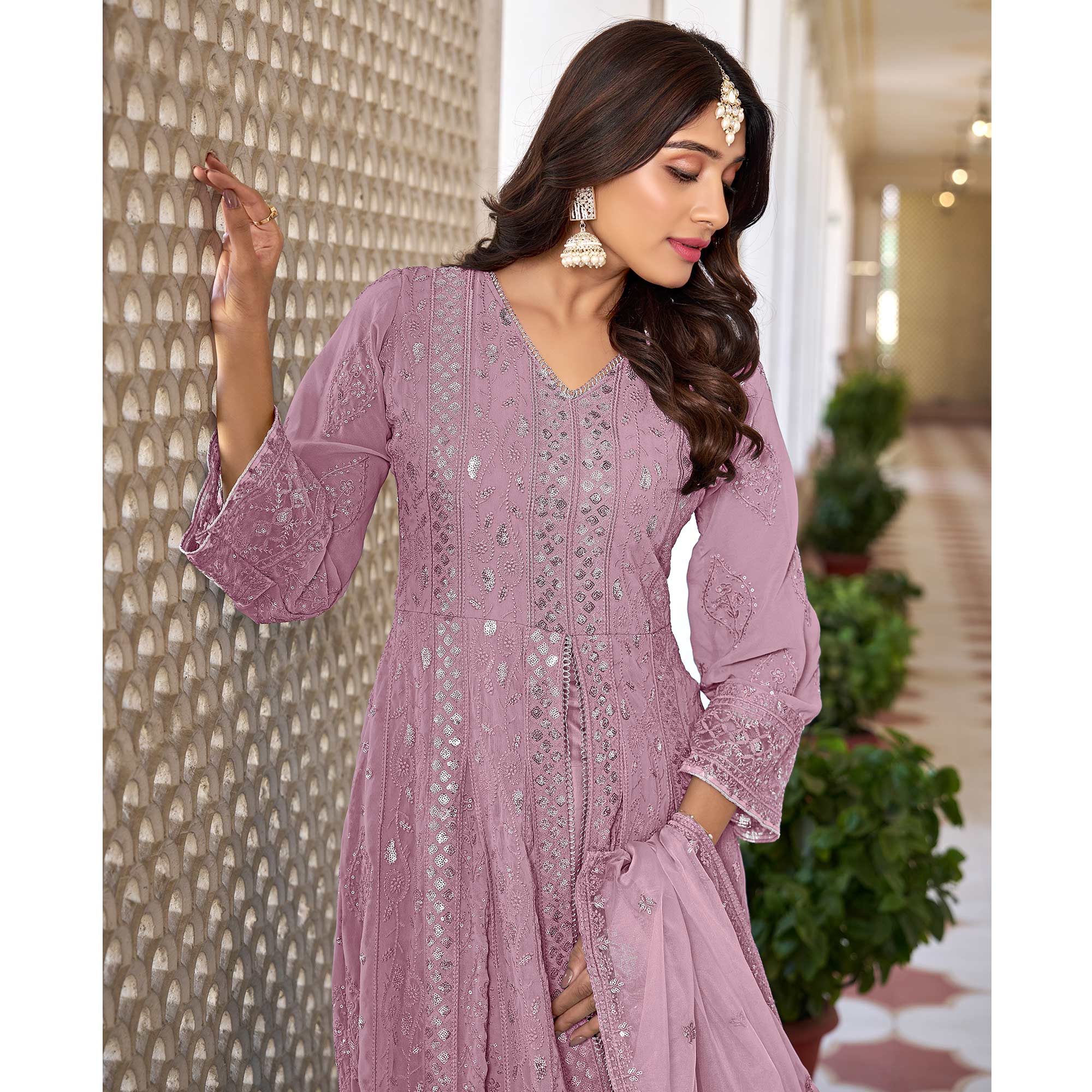 Pink Floral Sequins Embroidered Georgette Semi Stiched Suit