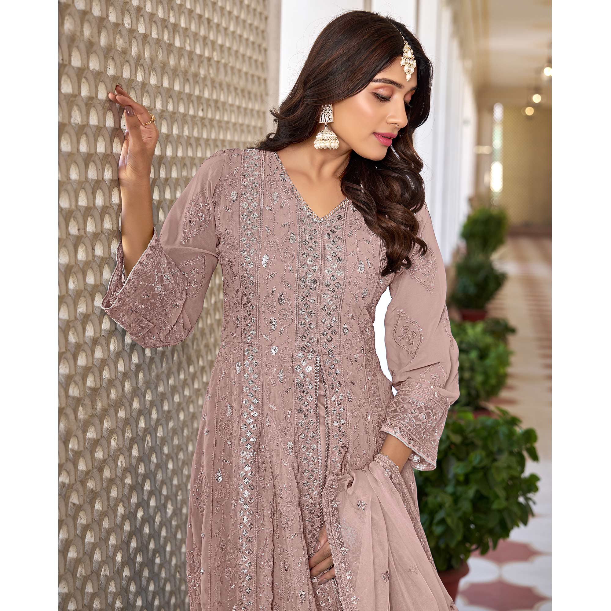 Dusty Peach Floral Sequins Embroidered Georgette Semi Stiched Suit