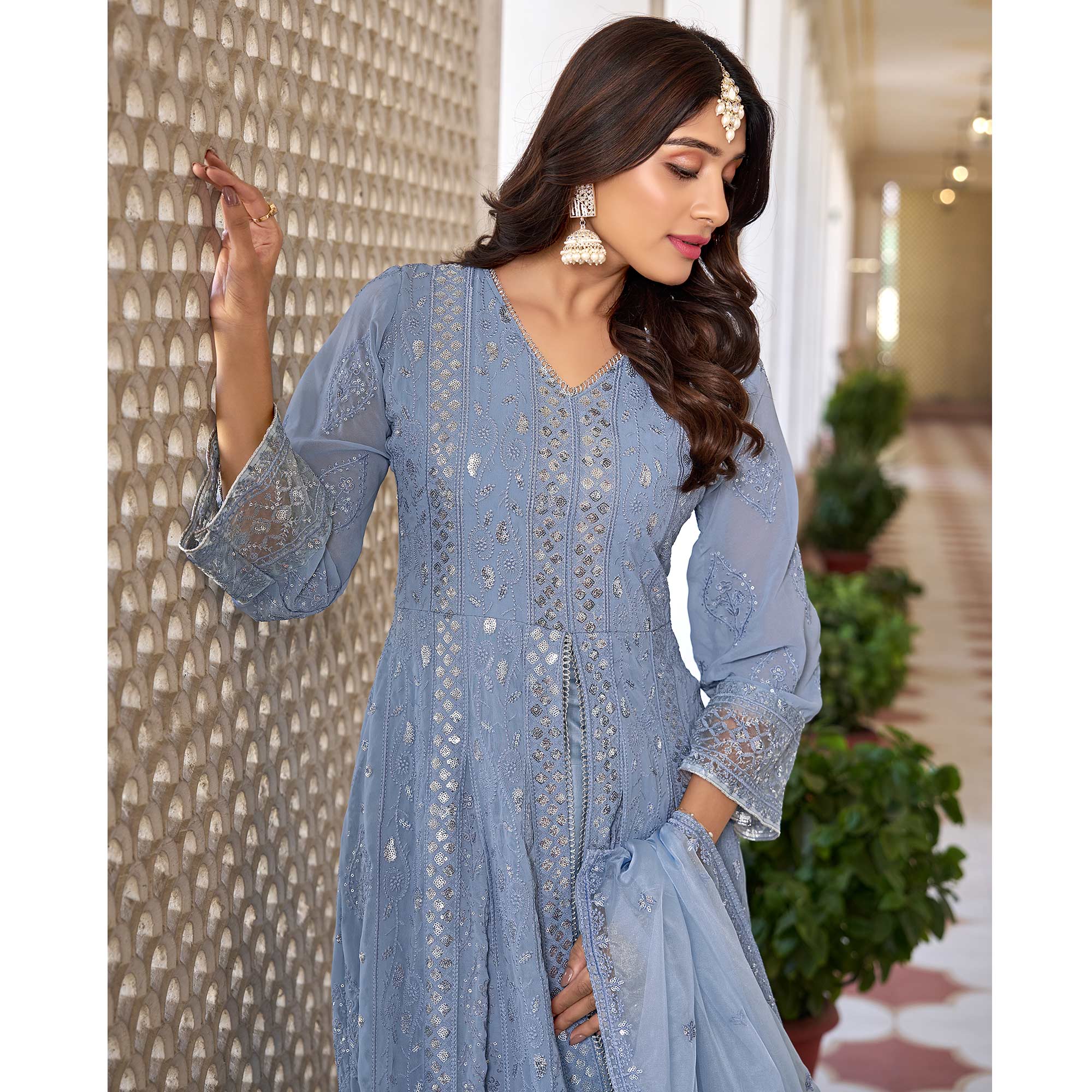 Blue Floral Sequins Embroidered Georgette Semi Stiched Suit