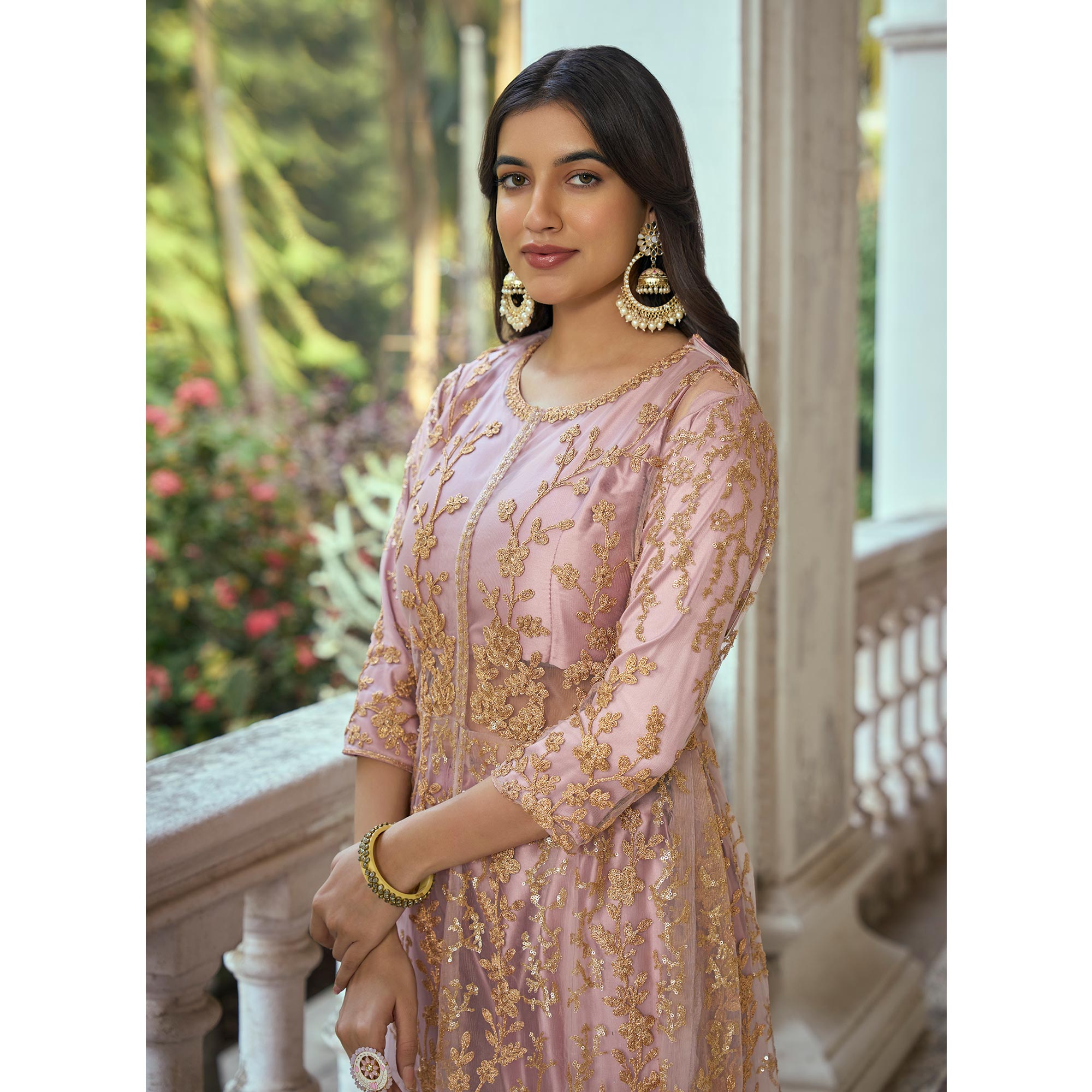 Mauve Floral Sequins Embroidered Net Semi Stiched Suit