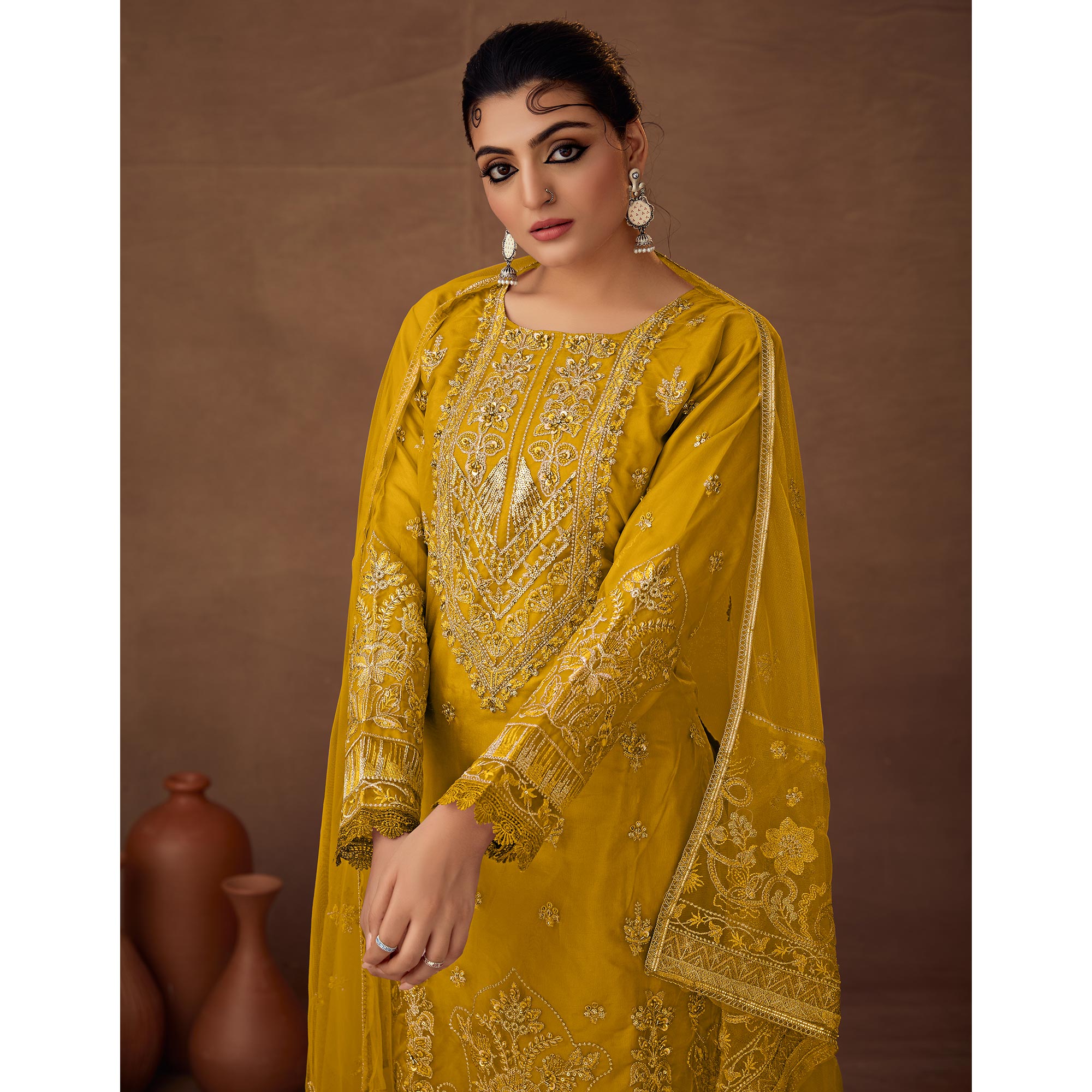 Mustard Floral Embroidered Organza Semi Stitched Pakistani Suit