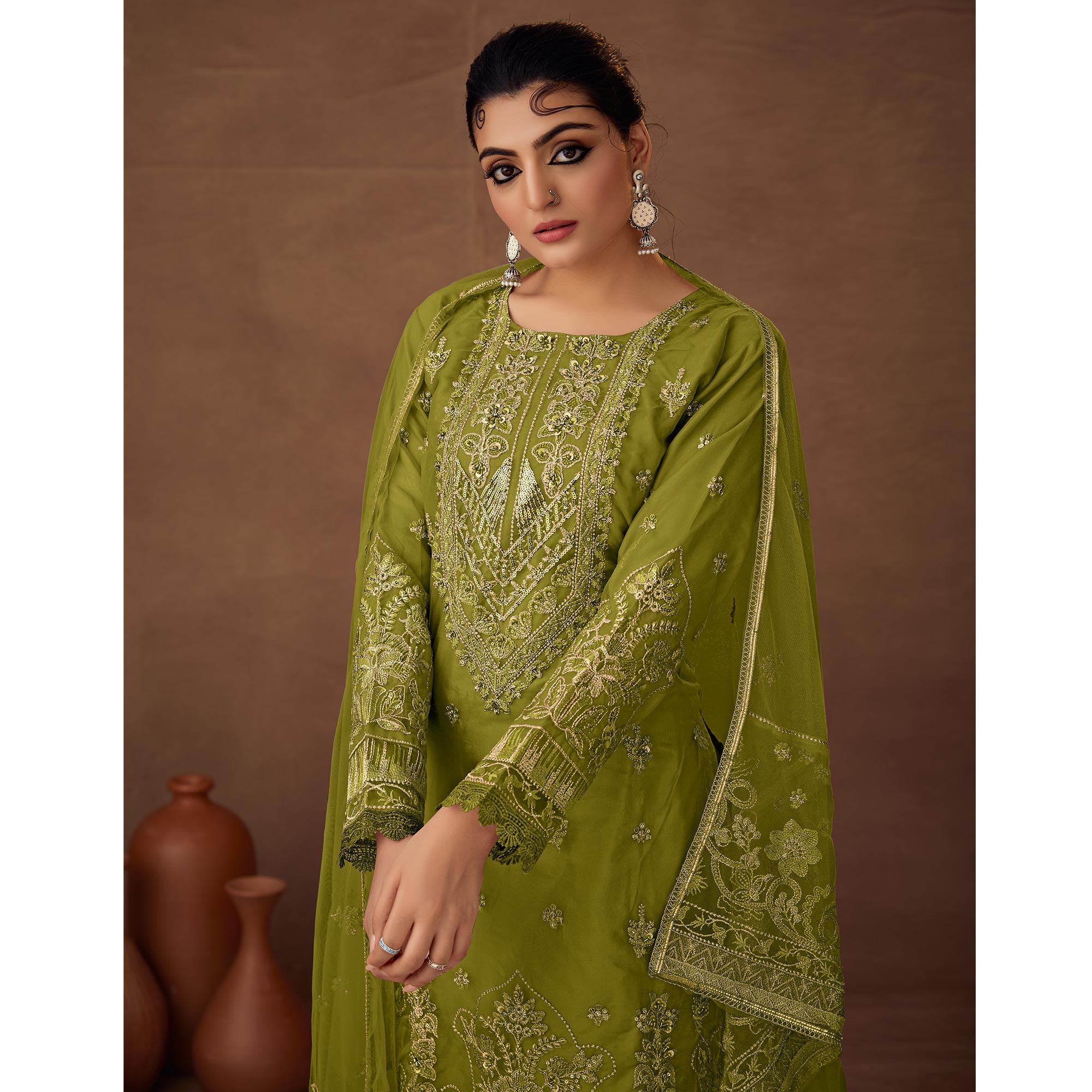 Green Floral Embroidered Organza Semi Stitched Pakistani Suit