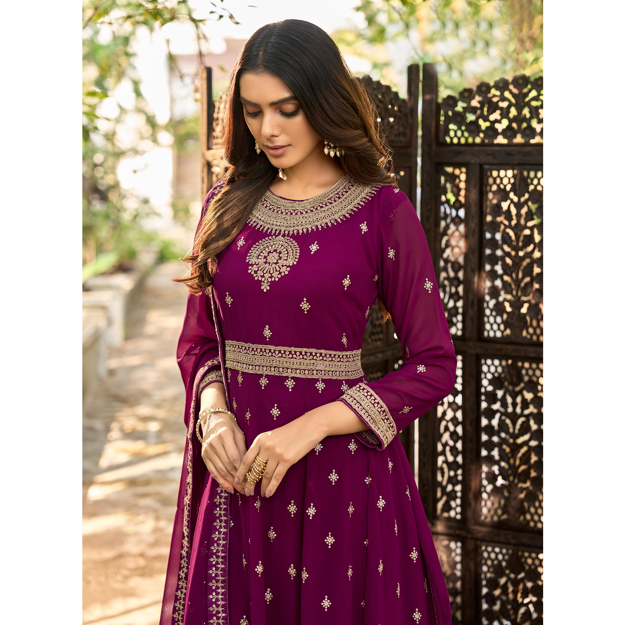 Purple Floral Sequins Embroidered Georgette Semi Stitched Anarkali Suit