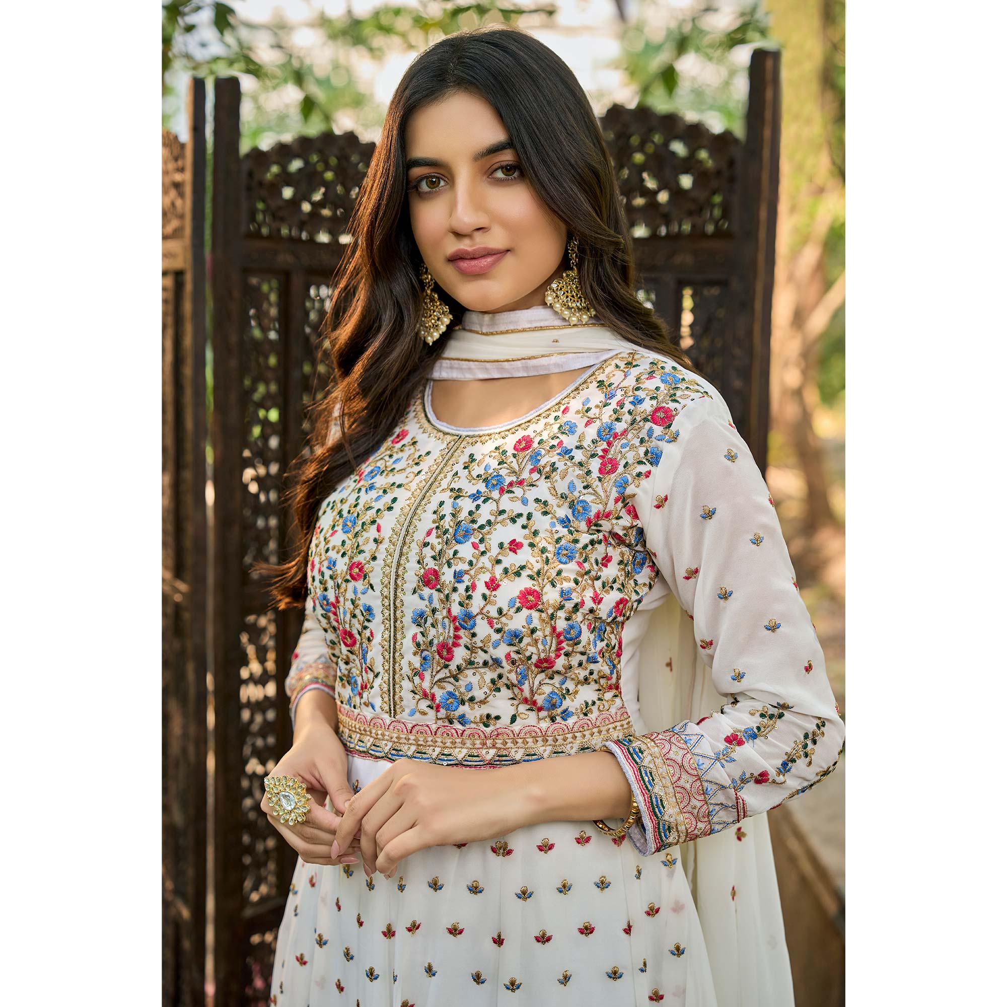 White Floral Sequins Embroidered Georgette Semi Stitched Anarkali Suit