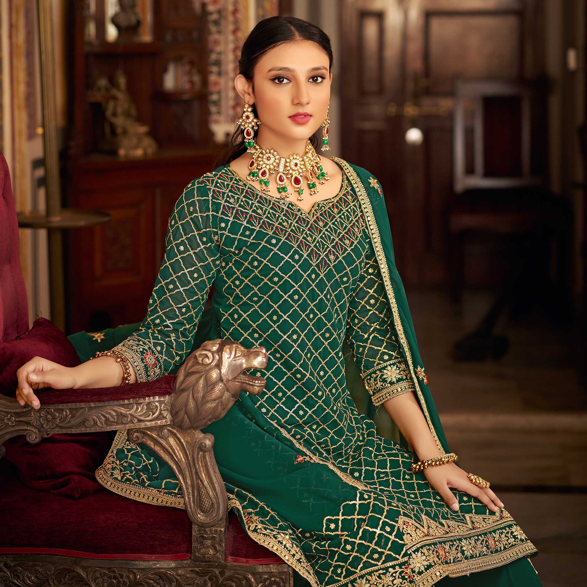 Green Sequins Embroidered Chinon Semi Stitched Suit