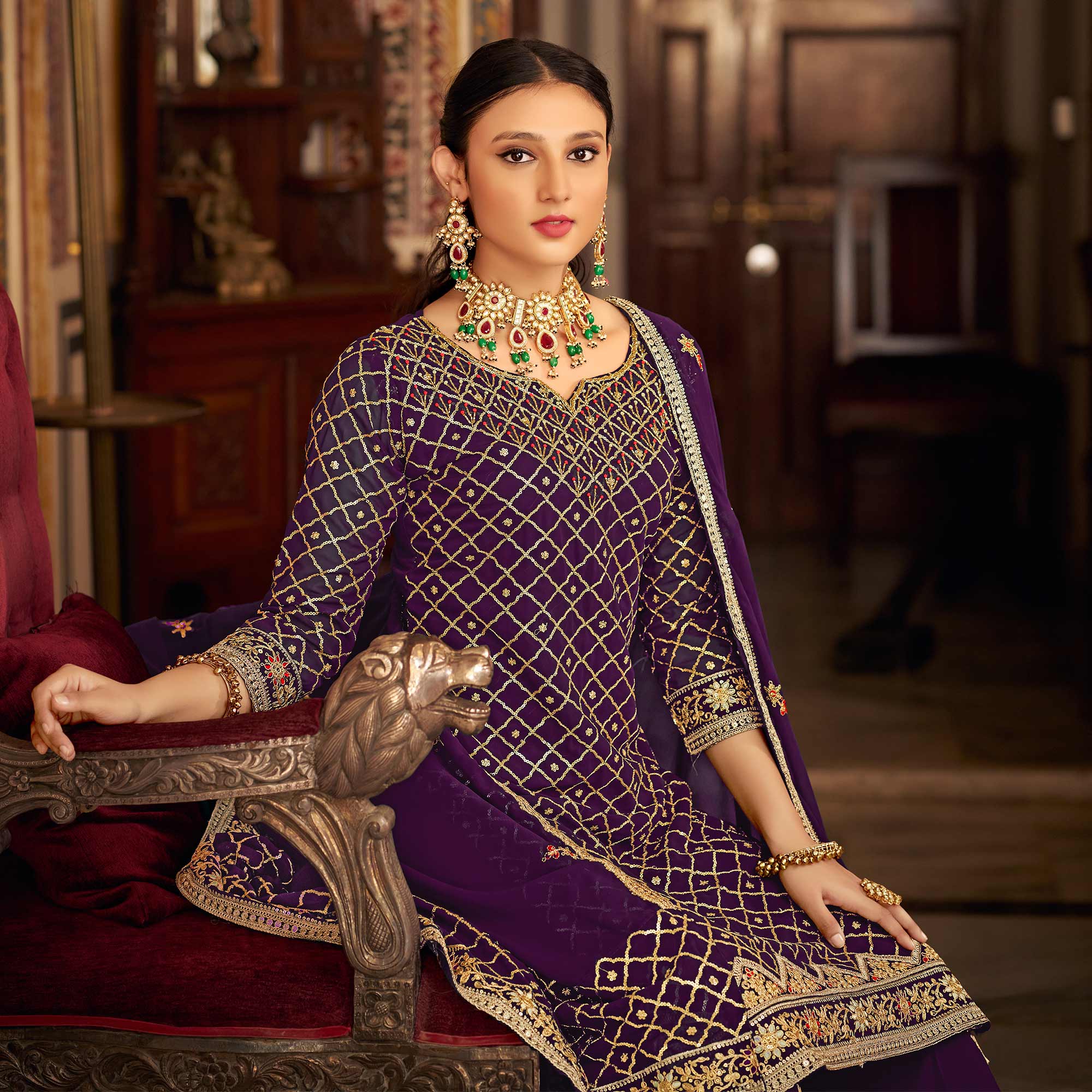 Purple Sequins Embroidered Chinon Semi Stitched Suit