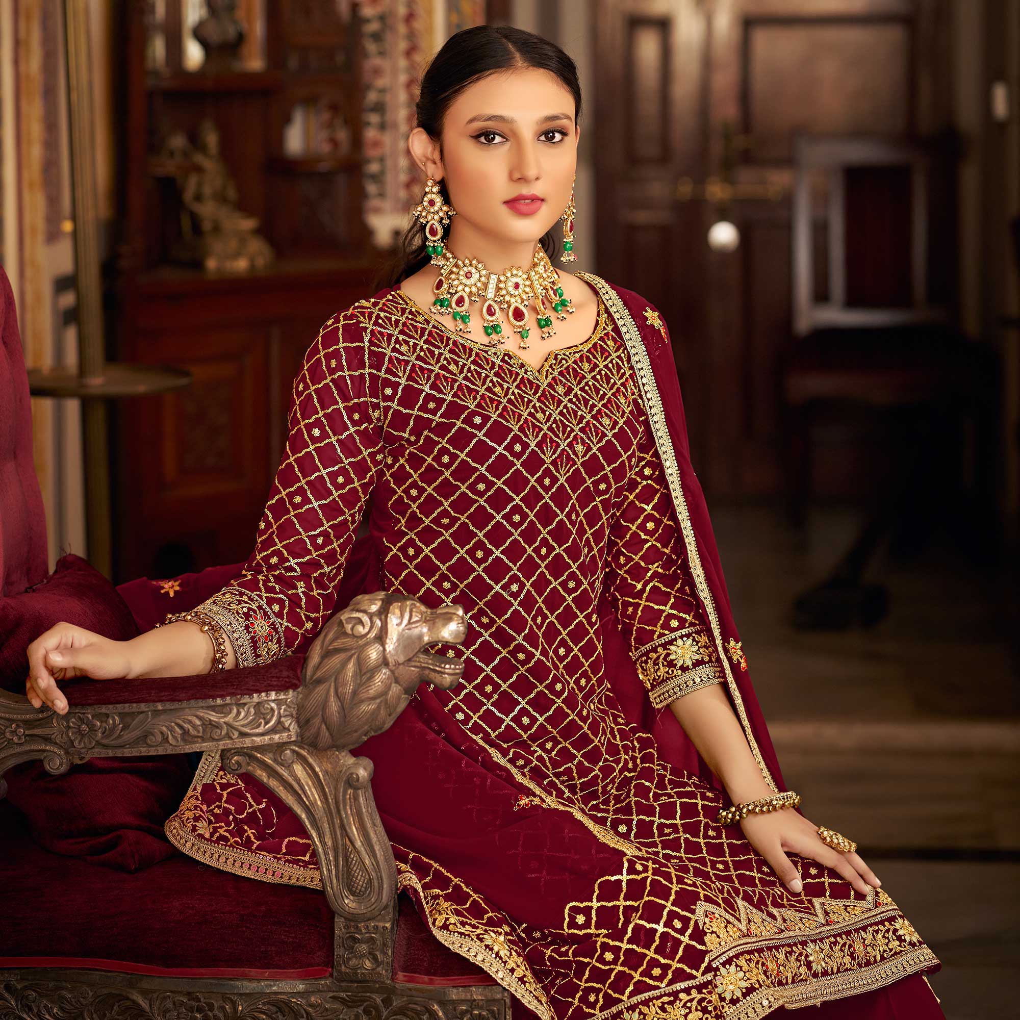 Maroon Sequins Embroidered Chinon Semi Stitched Suit