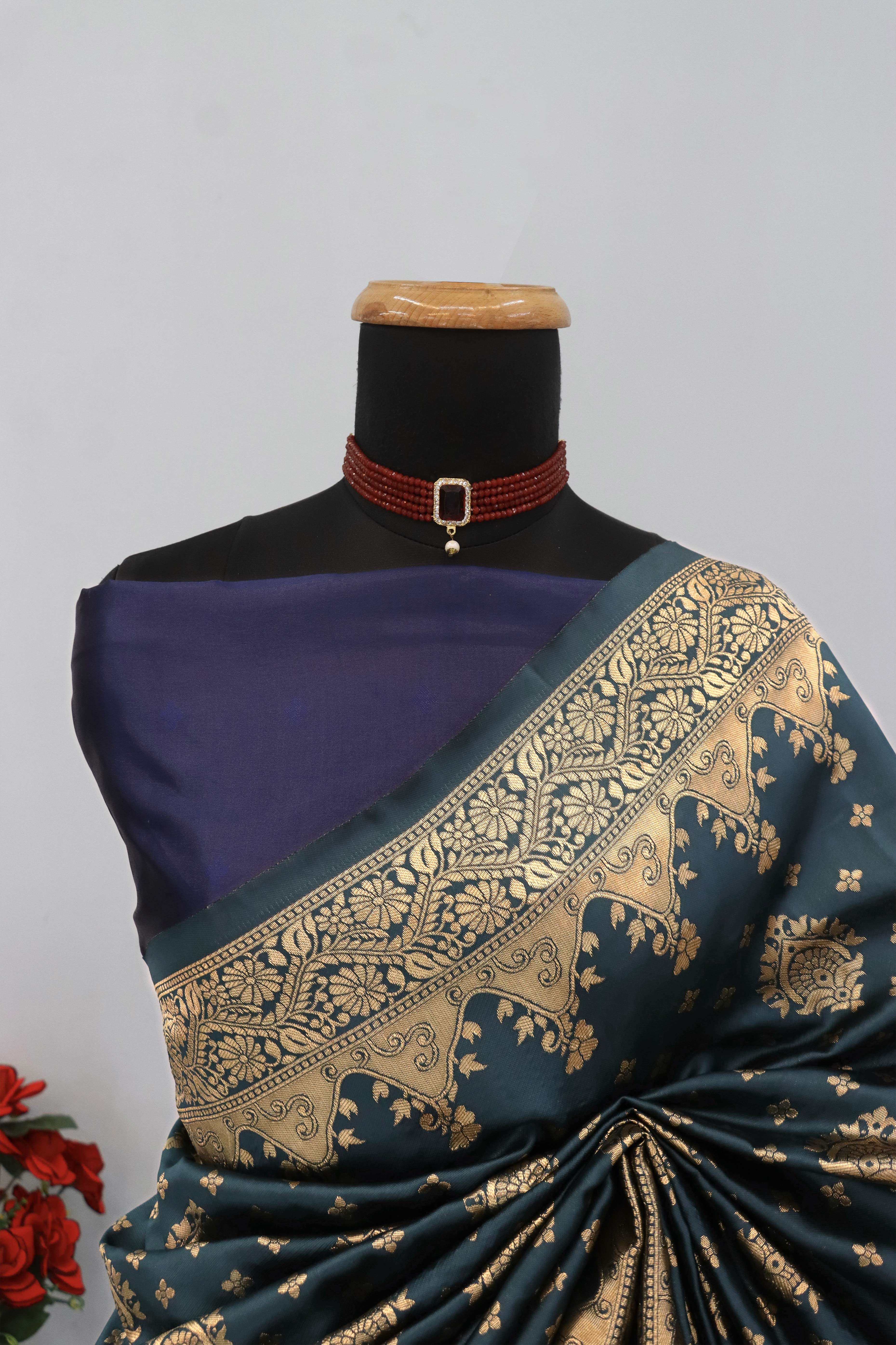 Classic Dark Teal Silk Banarasi Saree Showcasing Delicate Floral Zari Weaving