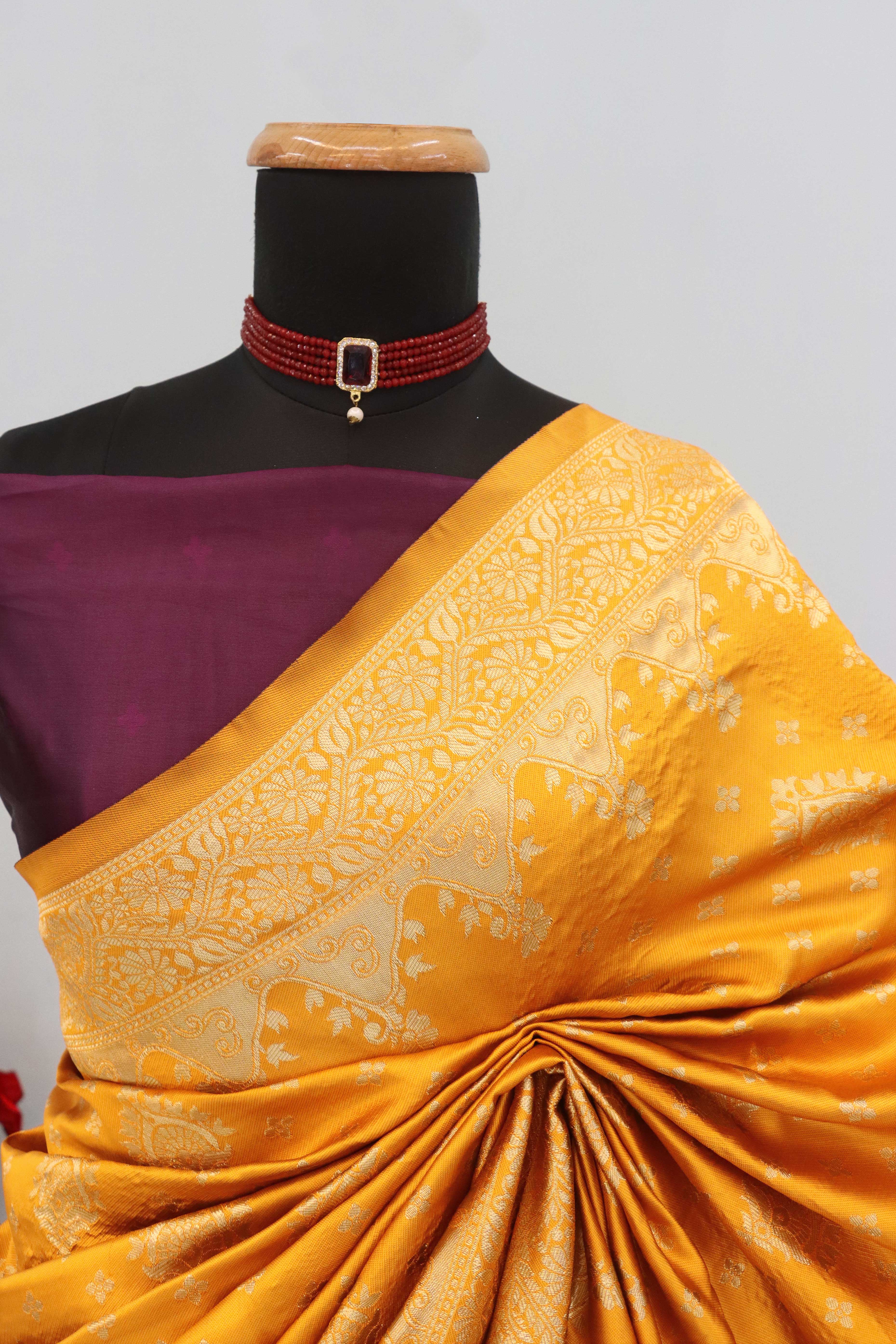 Classic Orange & Purple Silk Banarasi Saree Showcasing Delicate Floral Zari Weaving