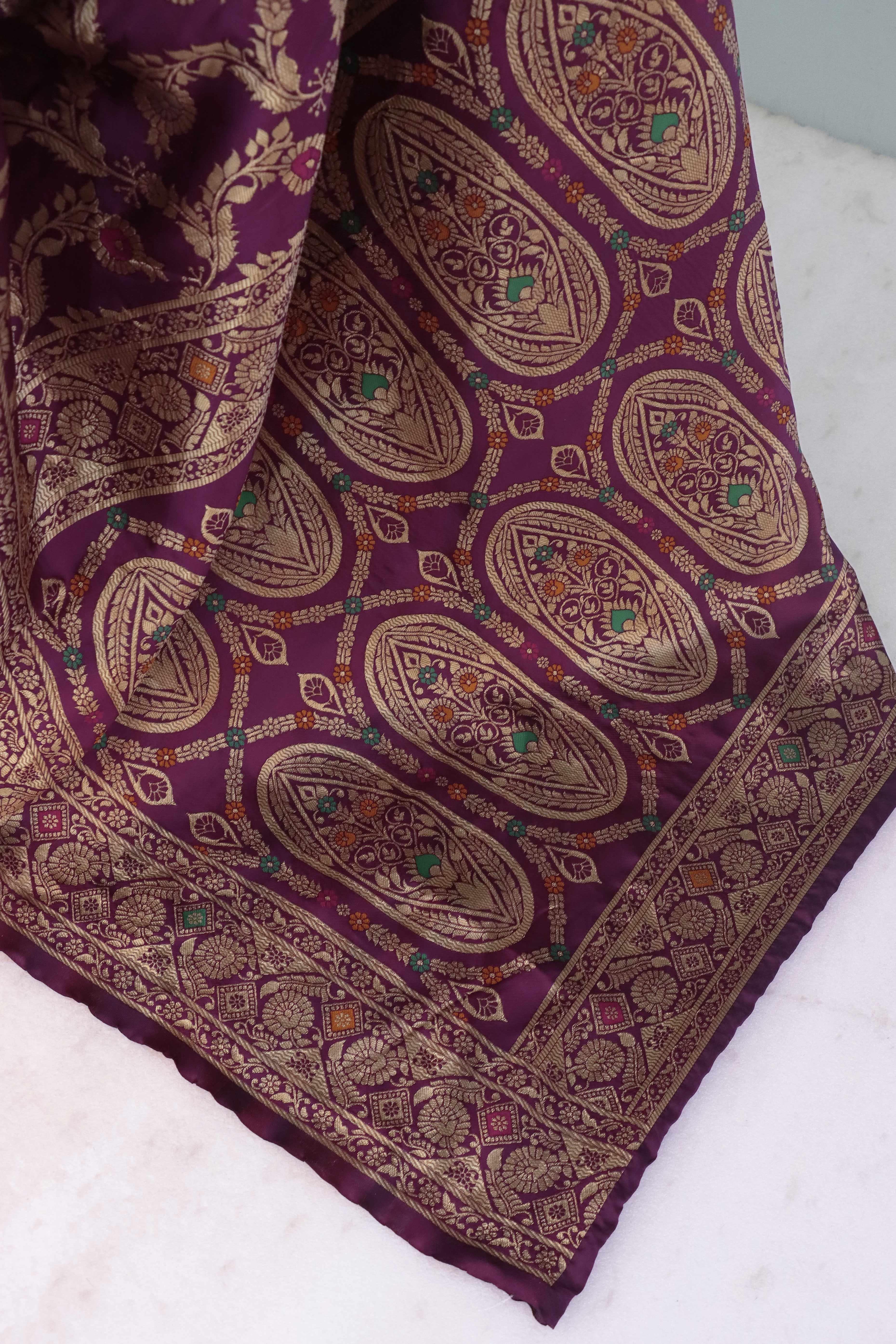 Classic Wine Silk Banarasi Saree Showcasing Delicate Floral Zari Weaving