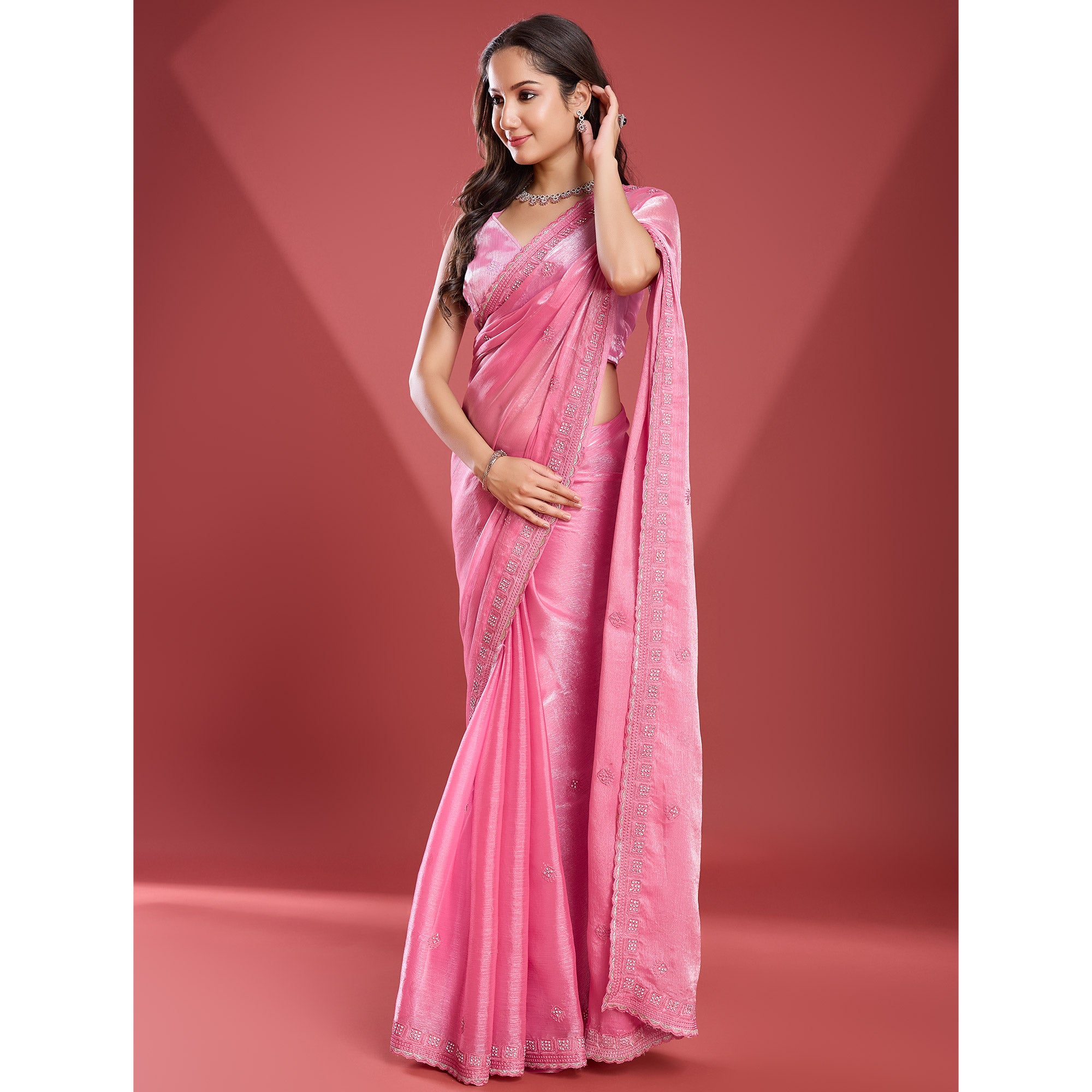 Pink Embroidered Work Tissue Saree