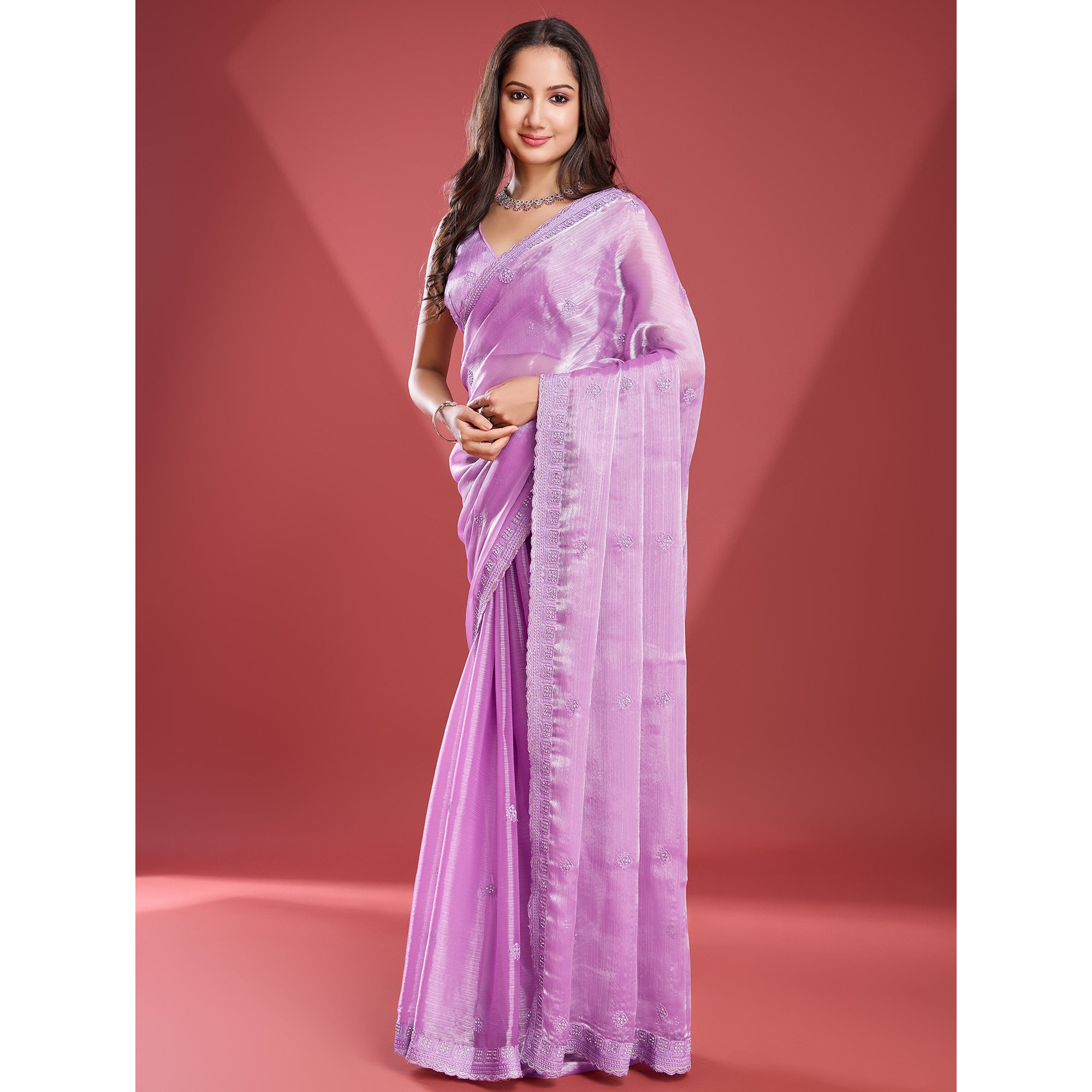 Light Purple Embroidered Work Tissue Saree