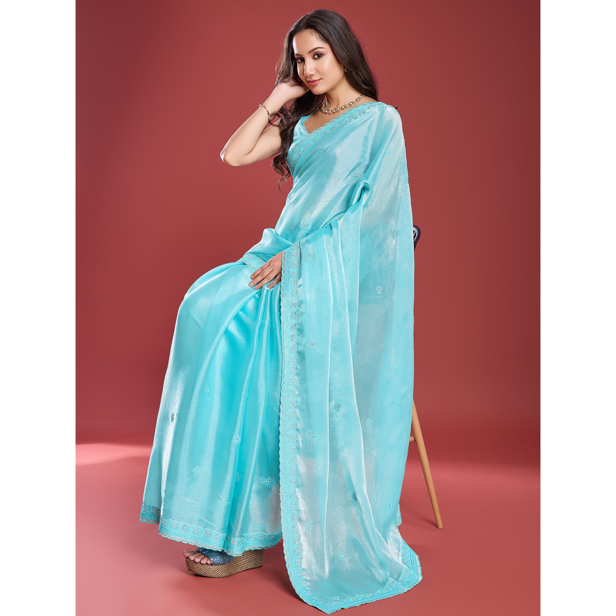 Turquoise Embroidered Work Tissue Saree