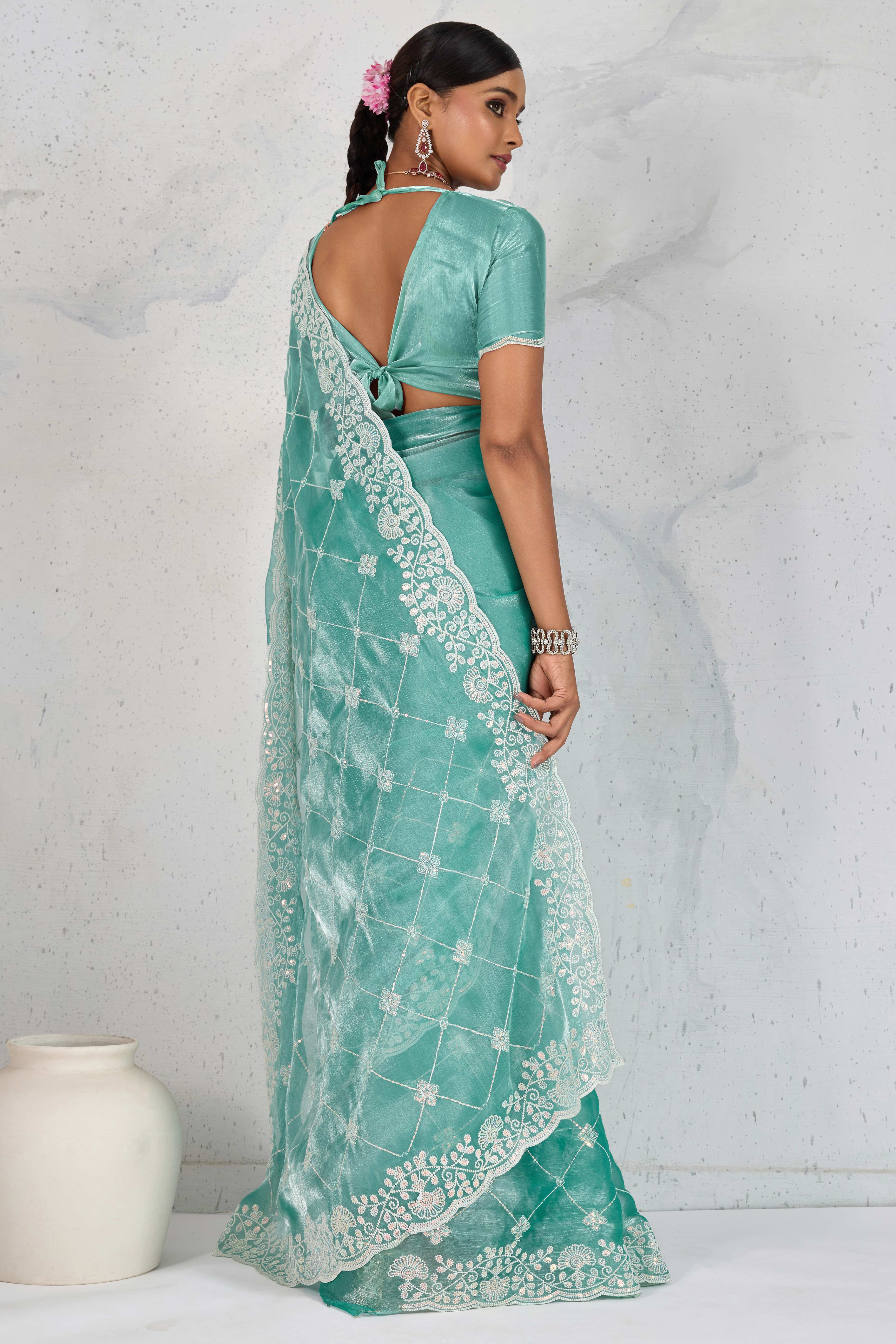 Turquoise Silk Saree with Dazzling Sequin Embroidery