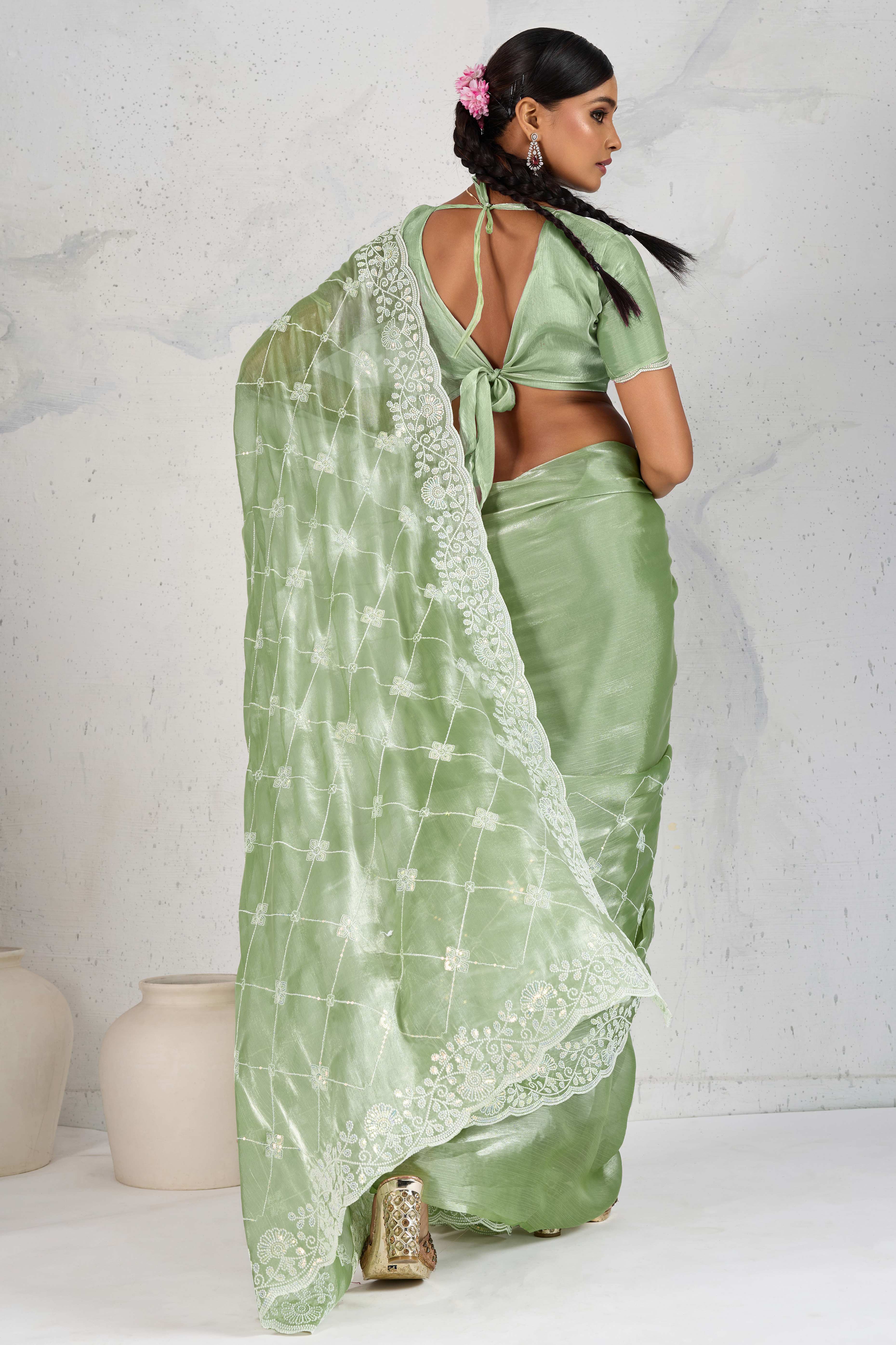 Green Silk Saree with Dazzling Sequin Embroidery