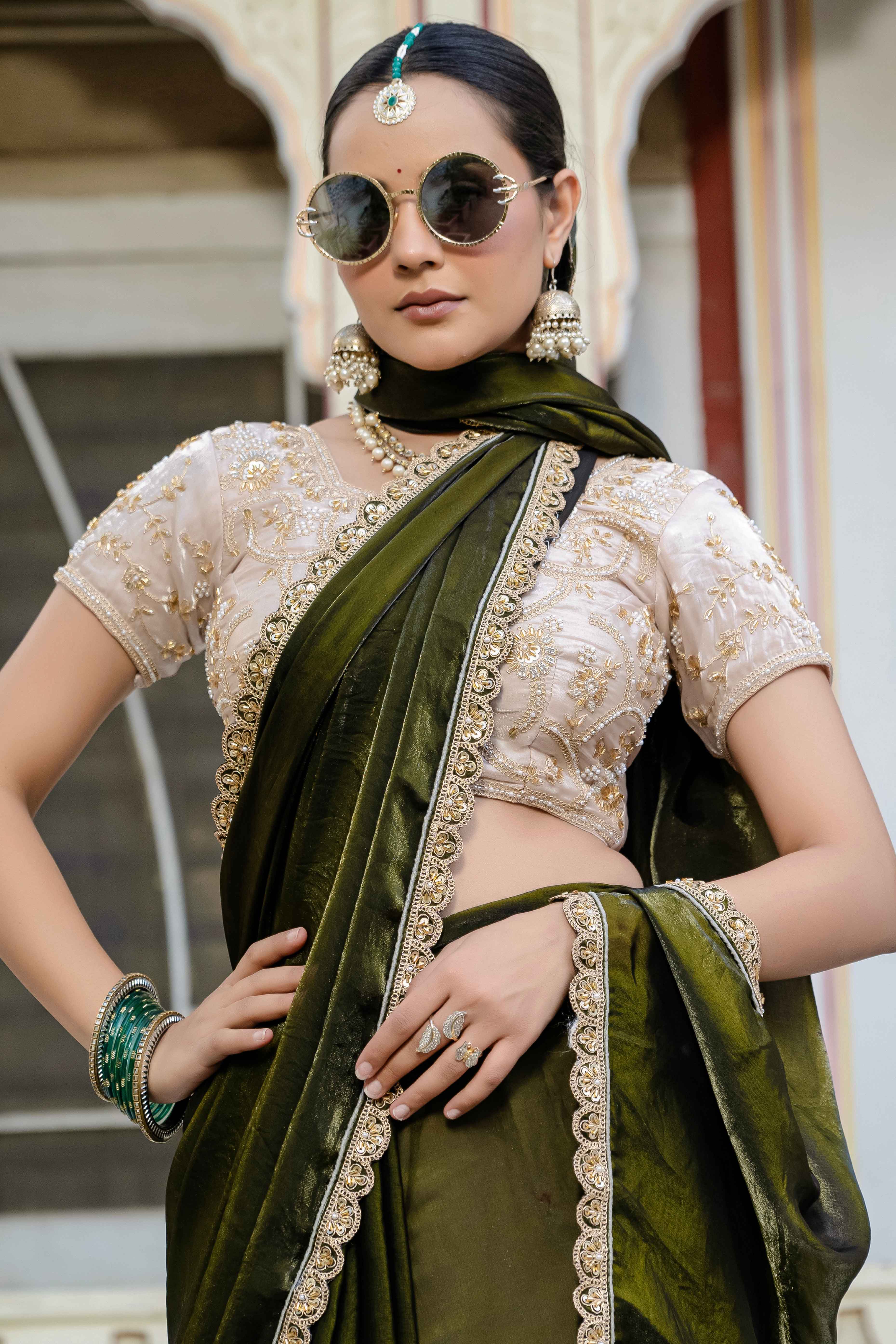 Mehendi Green Satin Velvet Saree Adorned With Handcrafted Sequins Beads & Pearl Embellishments
