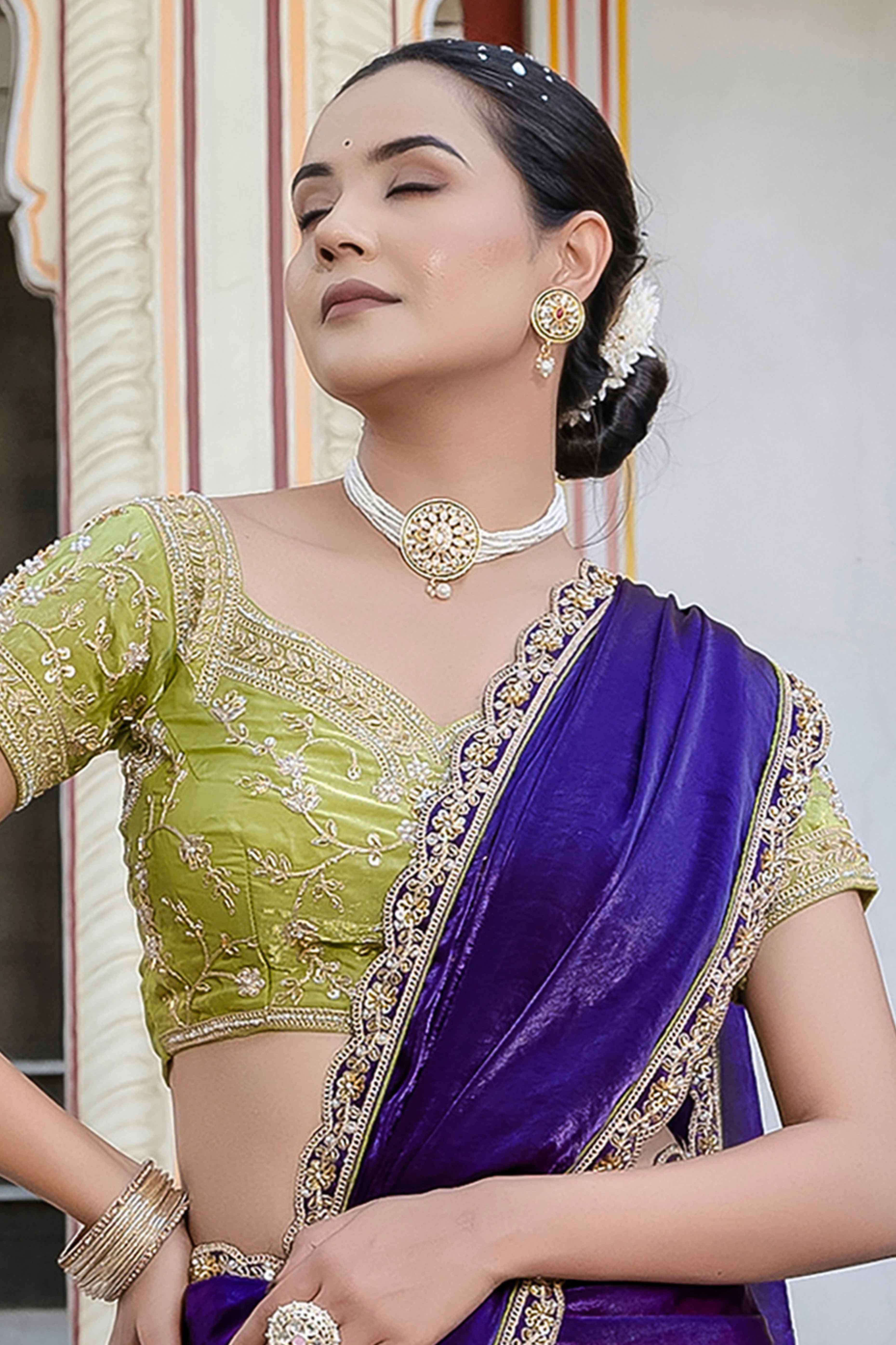 Violet Satin Velvet Saree Adorned With Handcrafted Sequins Beads & Pearl Embellishments