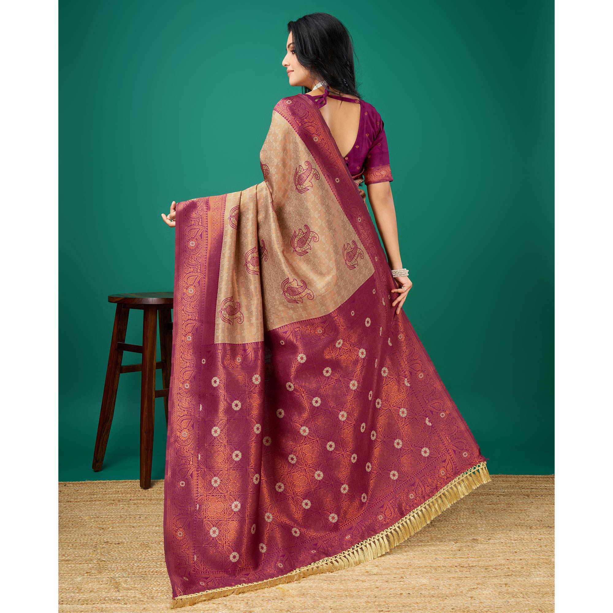 Chikoo Zari Woven Banarasi Silk Saree With Tassels