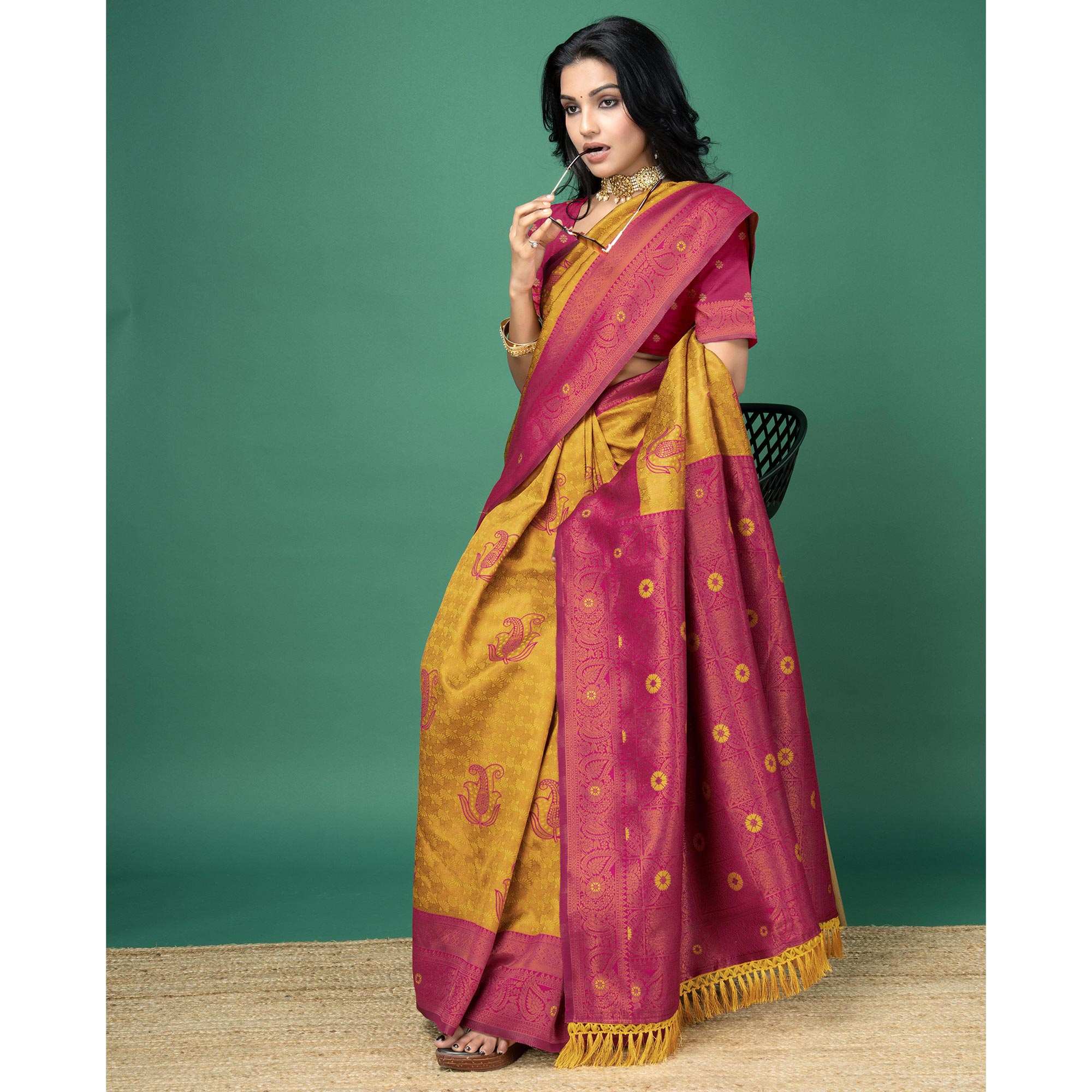 Gold Zari Woven Banarasi Silk Saree With Tassels