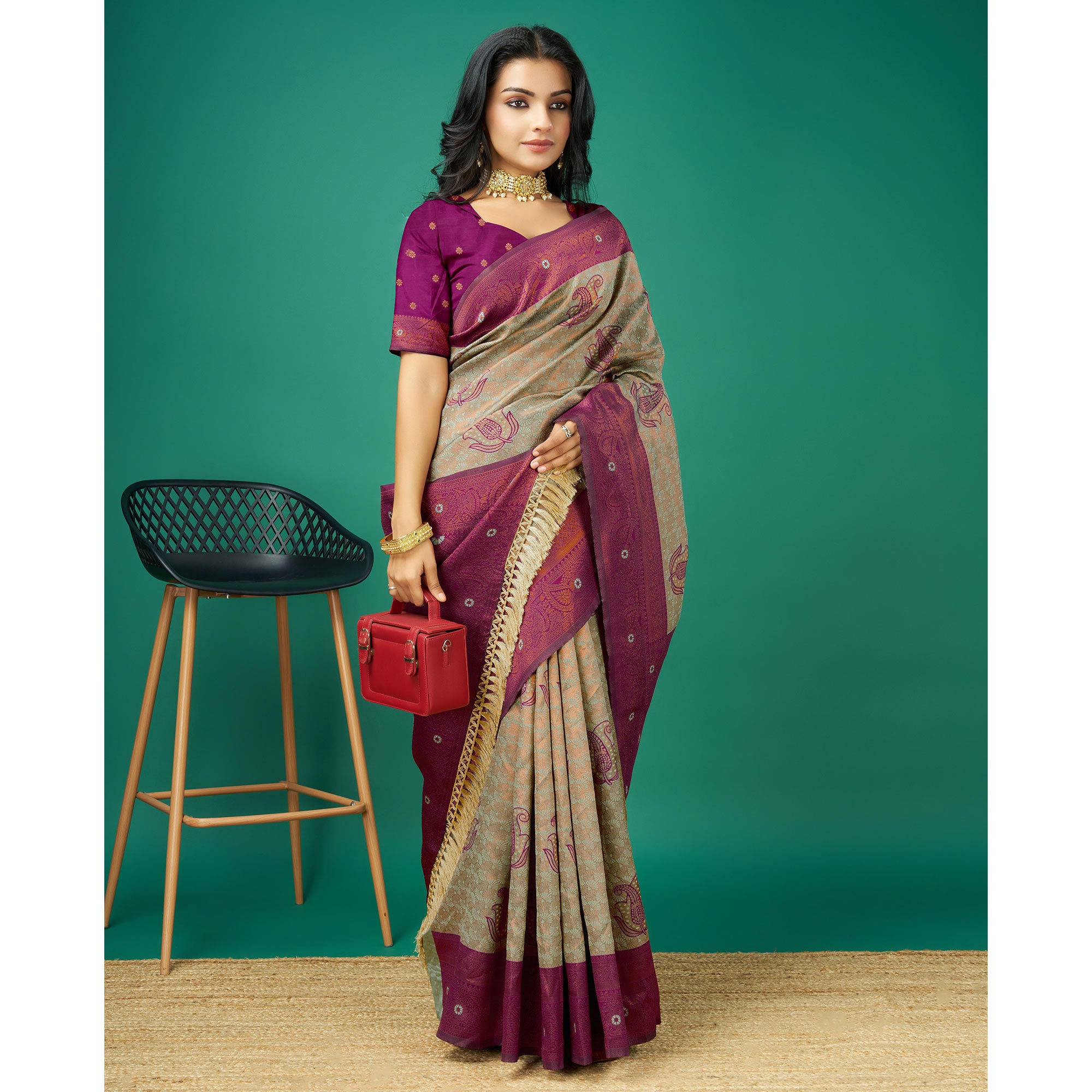 Light Copper & Grey Zari Woven Banarasi Silk Saree With Tassels