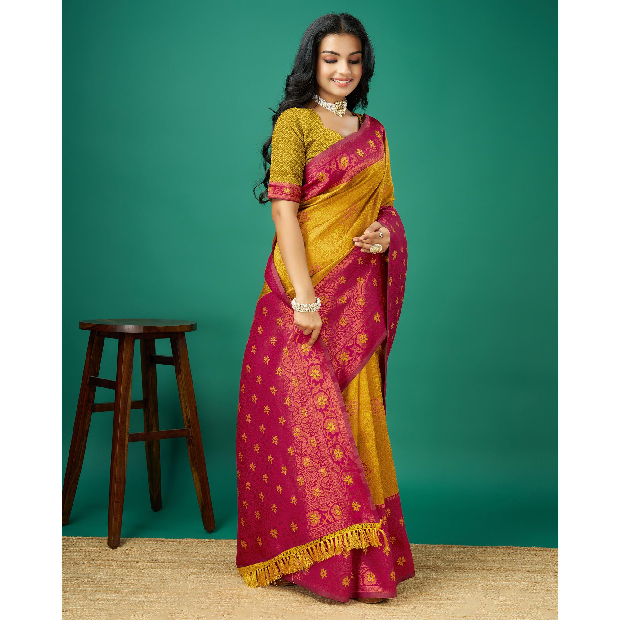 Gold Zari Woven Banarasi Silk Saree With Tassels