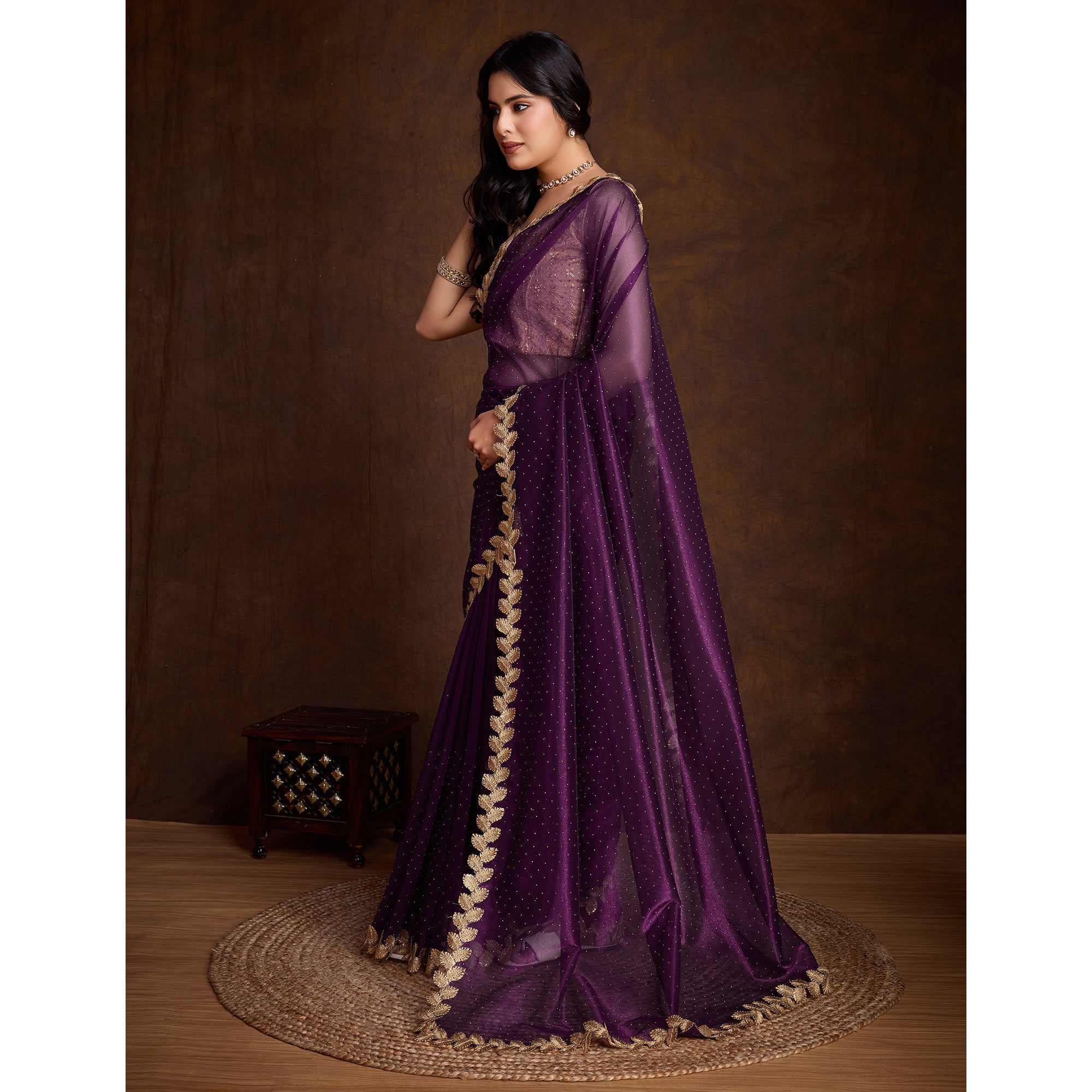 Wine Swarovski Work Shimmer Net Saree