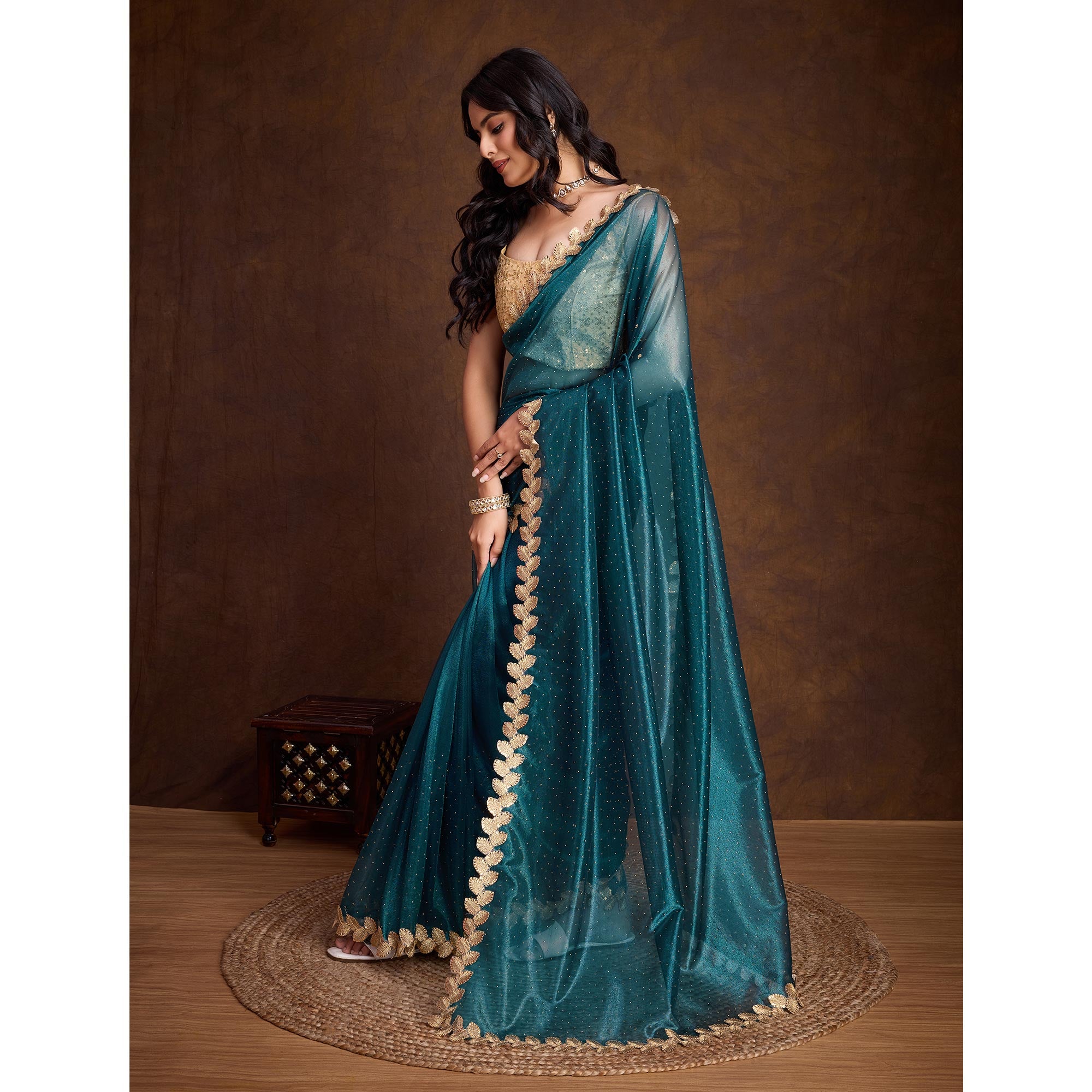 Morpich Blue Swarovski Work Shimmer Net Saree