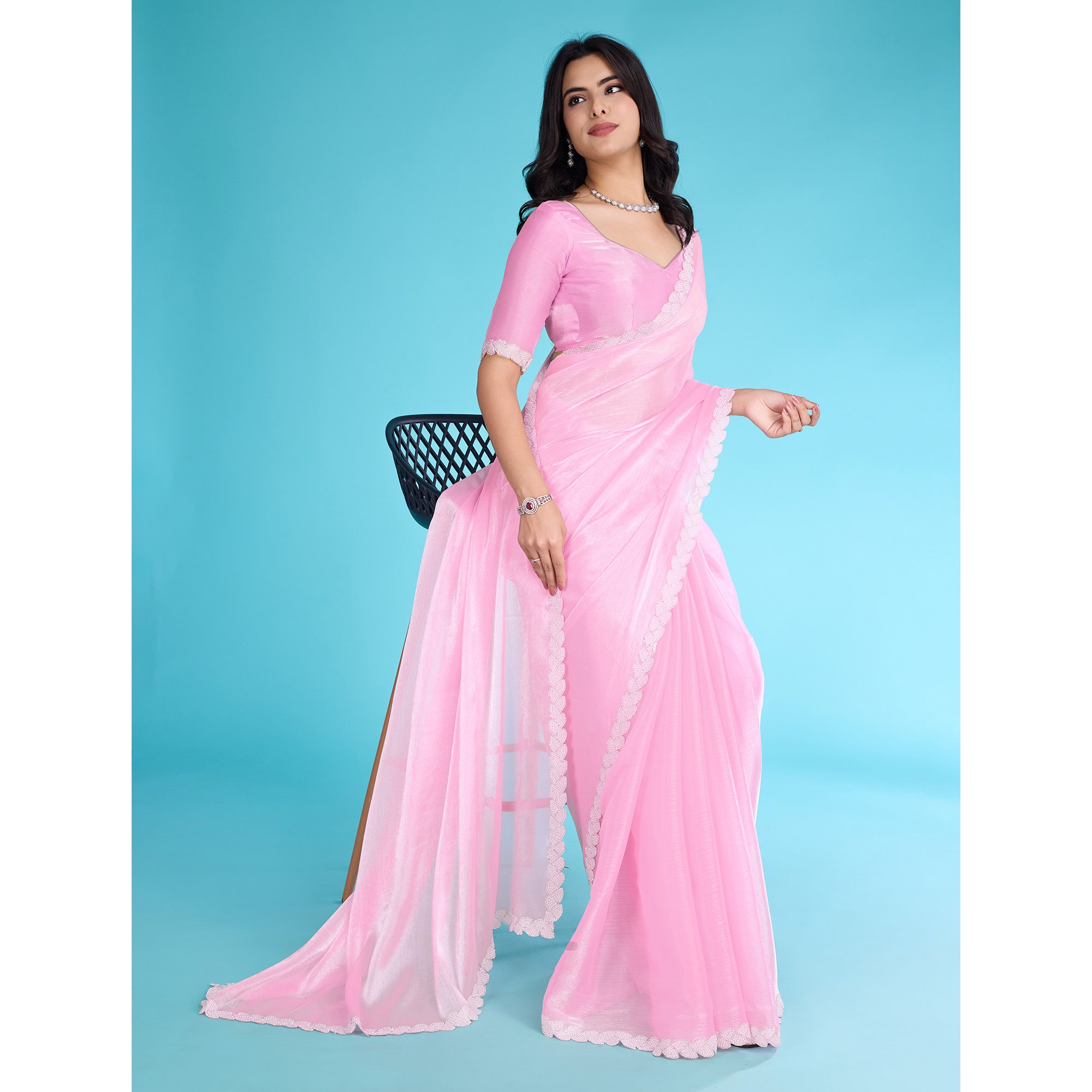 Pink Solid With Zarkan & Ceramic Pearl Diamond Lace Tissue Saree