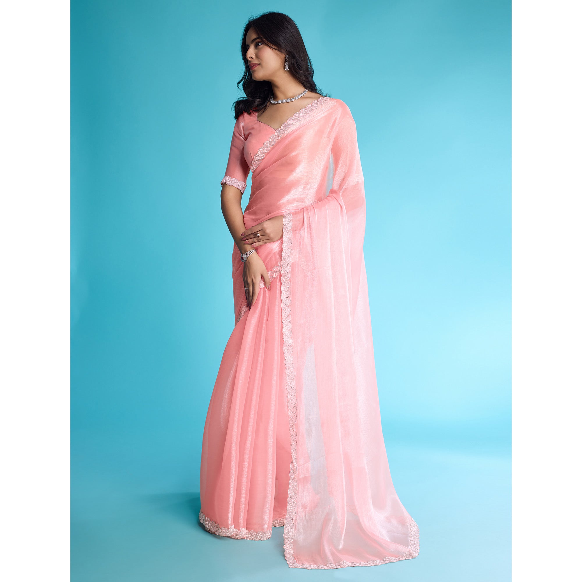 Peach Solid With Zarkan & Ceramic Pearl Diamond Lace Tissue Saree