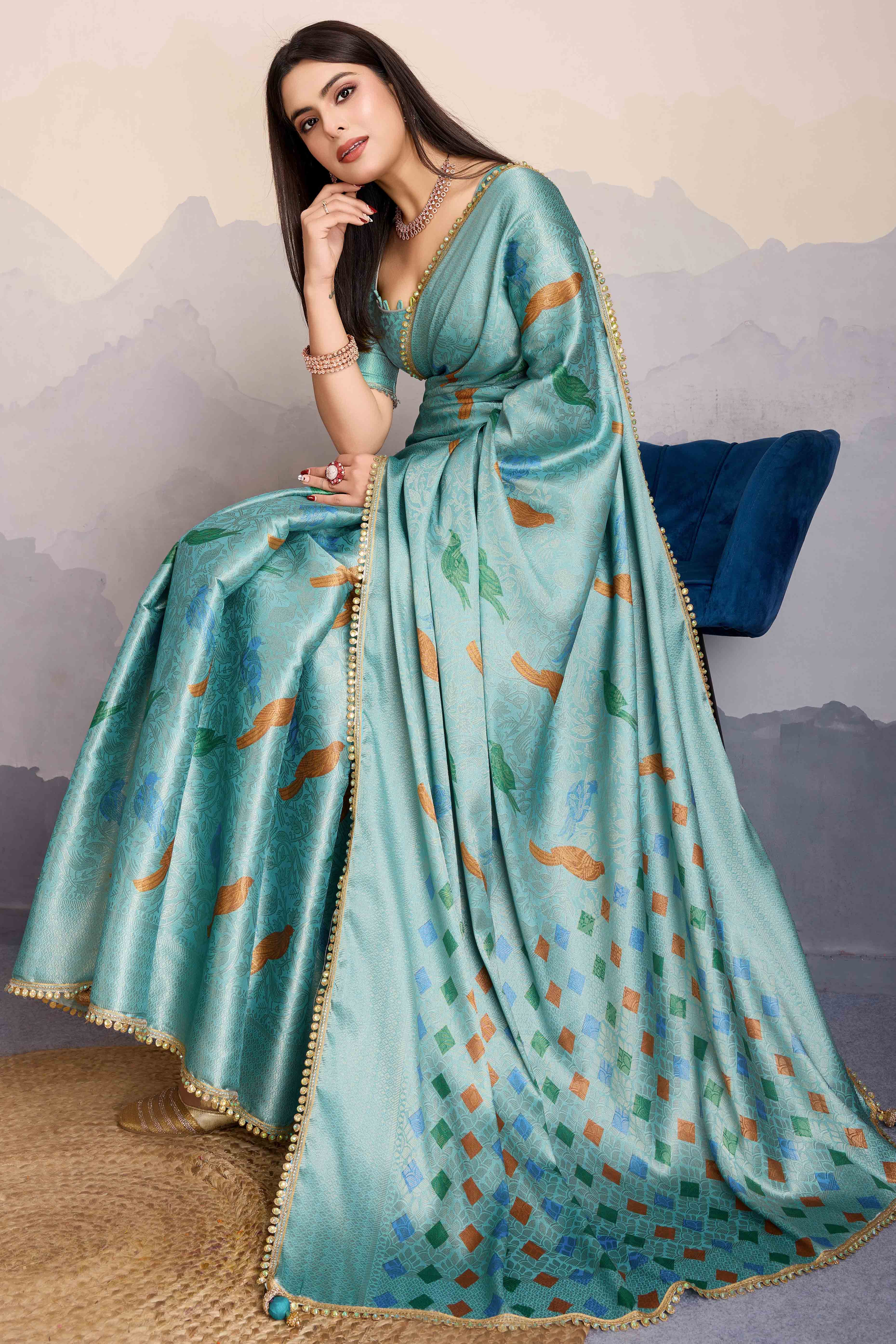 Sea Green Zari Weaving Mysore Brocade Silk Saree