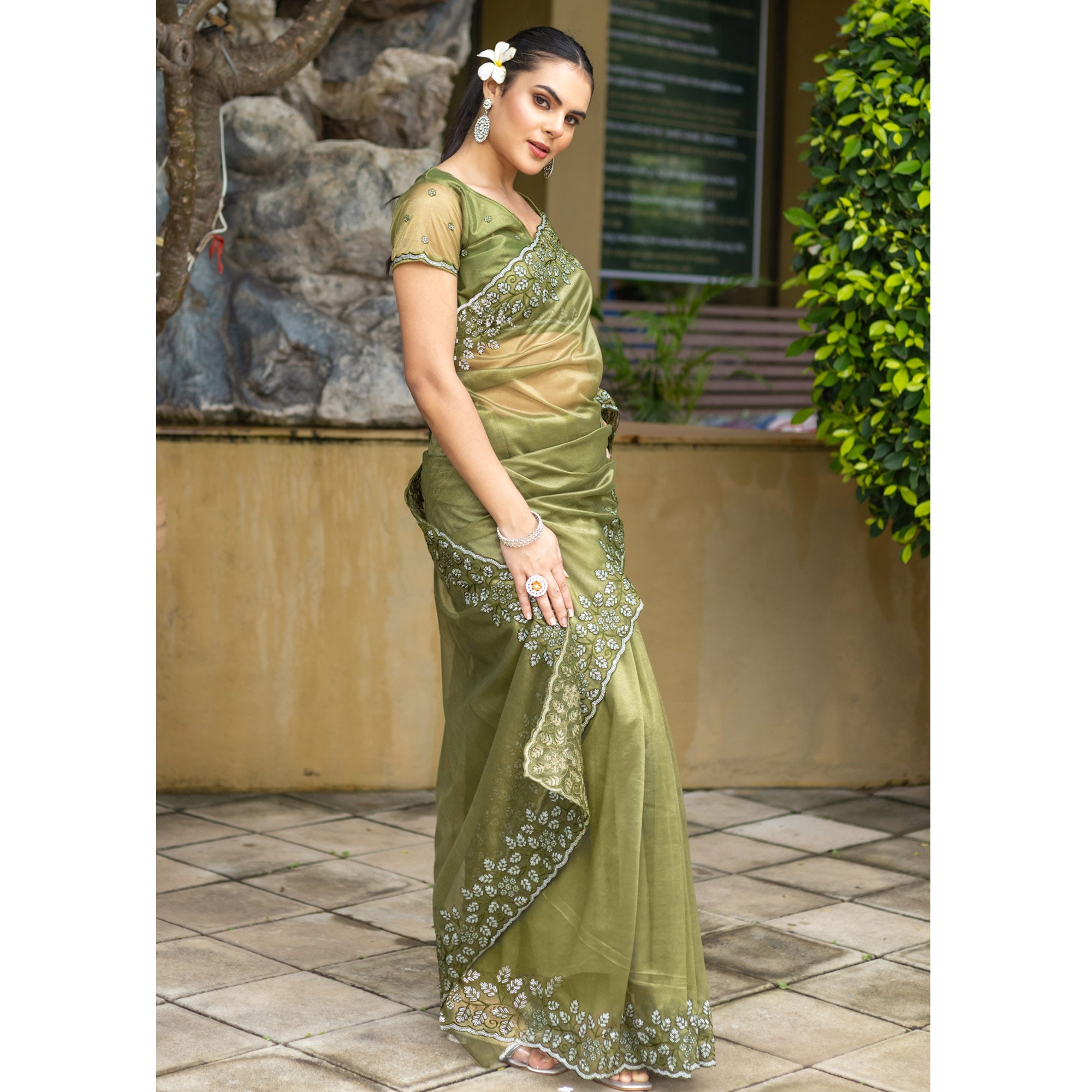 Mehendi Green Floral Sequins Embroidered Twill Net Saree