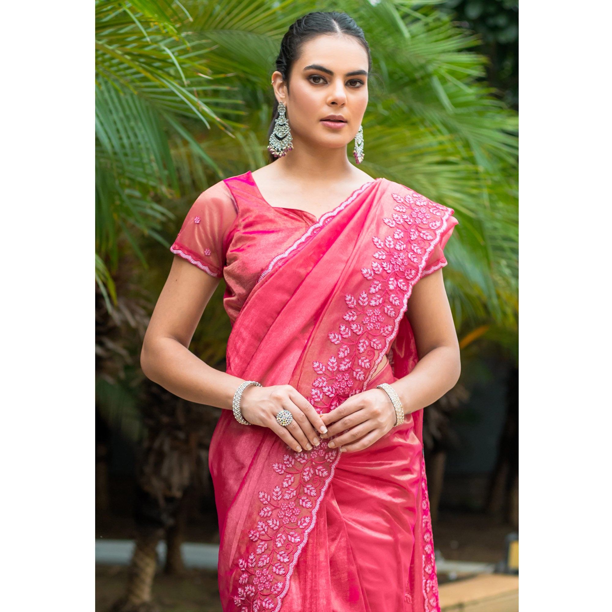 Pink Floral Sequins Embroidered Twill Net Saree